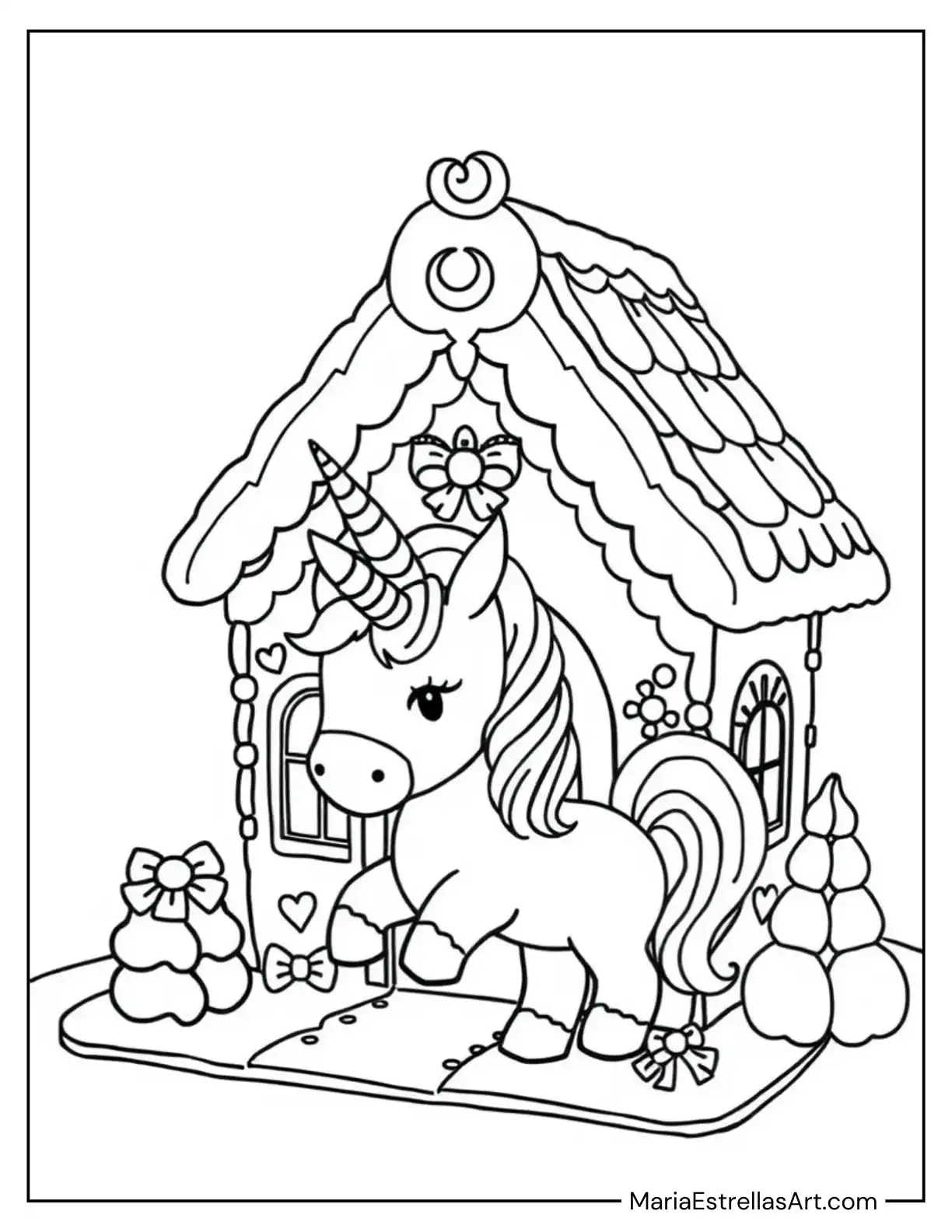 Gingerbread House With a Chibi Unicorn to Color for Kids