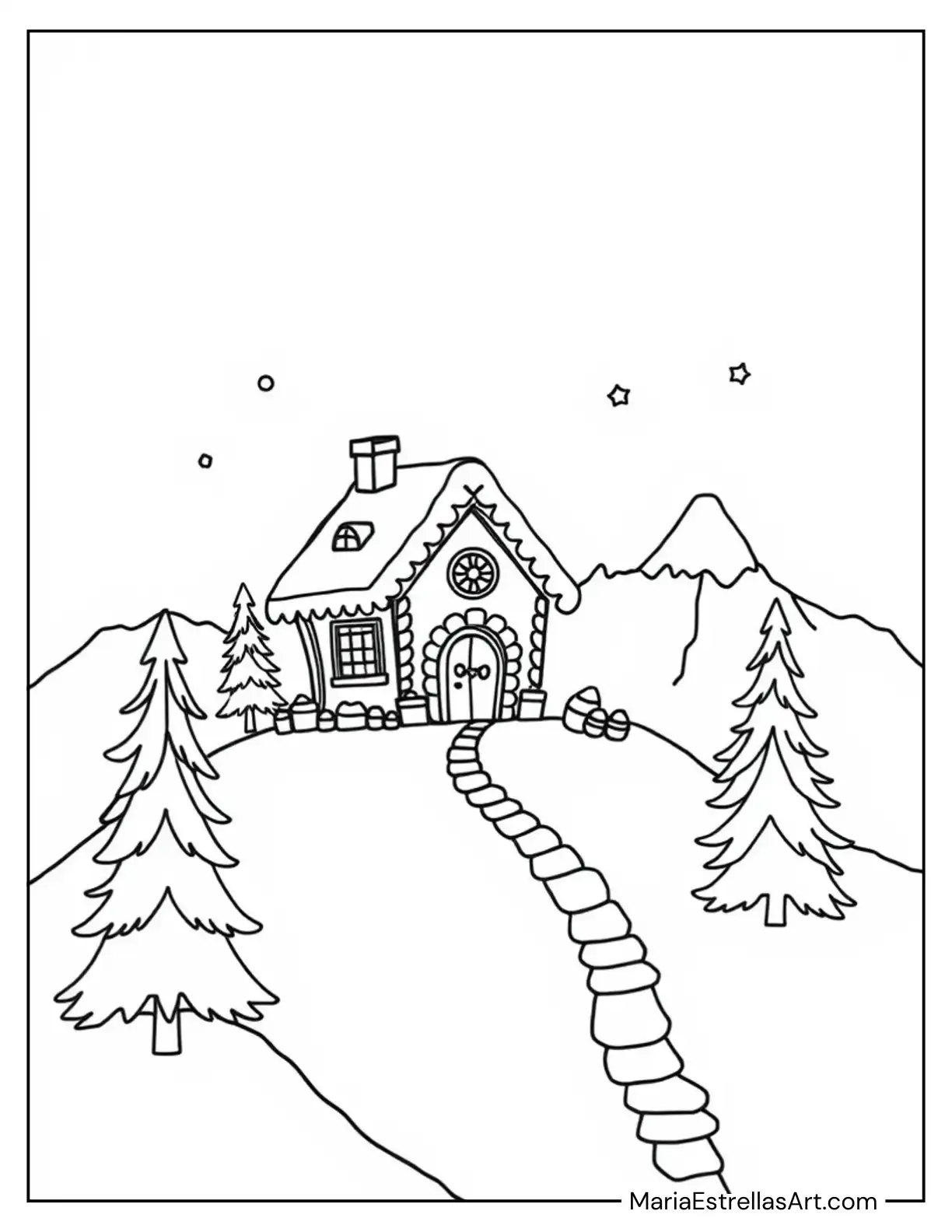 Gingerbread House on a Frosty Mountain Coloring Page