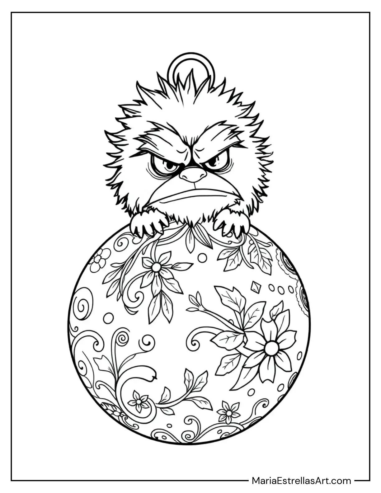 Grumpy Christmas Creature on a Festive Ornament to Color