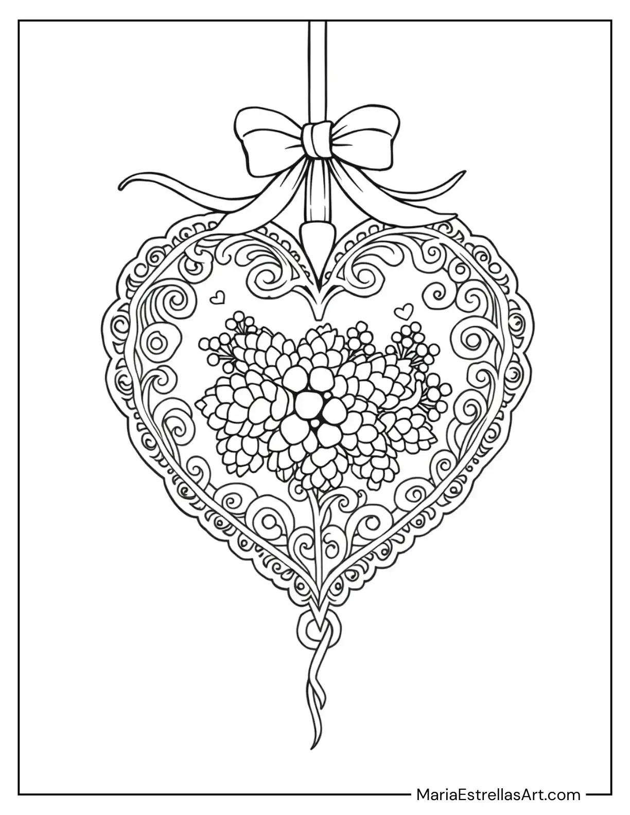 Heart-Shaped Ornament With Pinecones and Berries Coloring Page