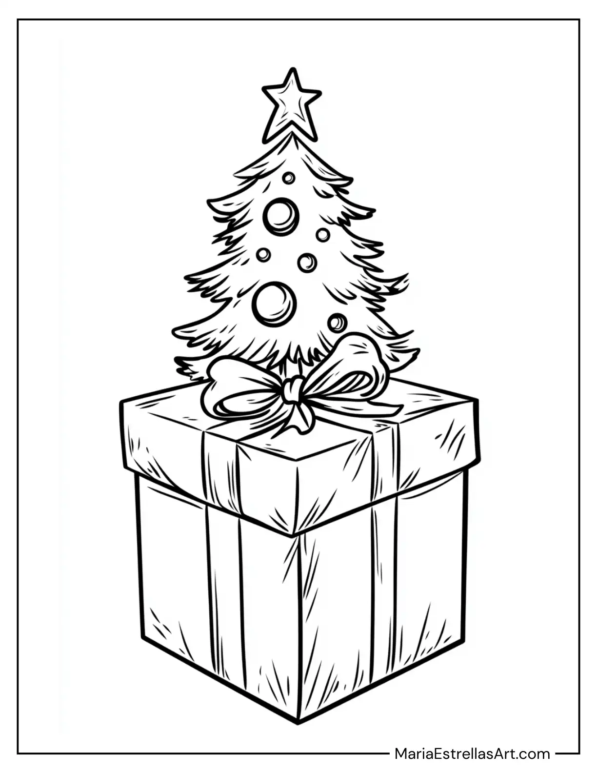 Holiday Gift Box Topped With a Tiny Christmas Tree Ornament Coloring Sheet