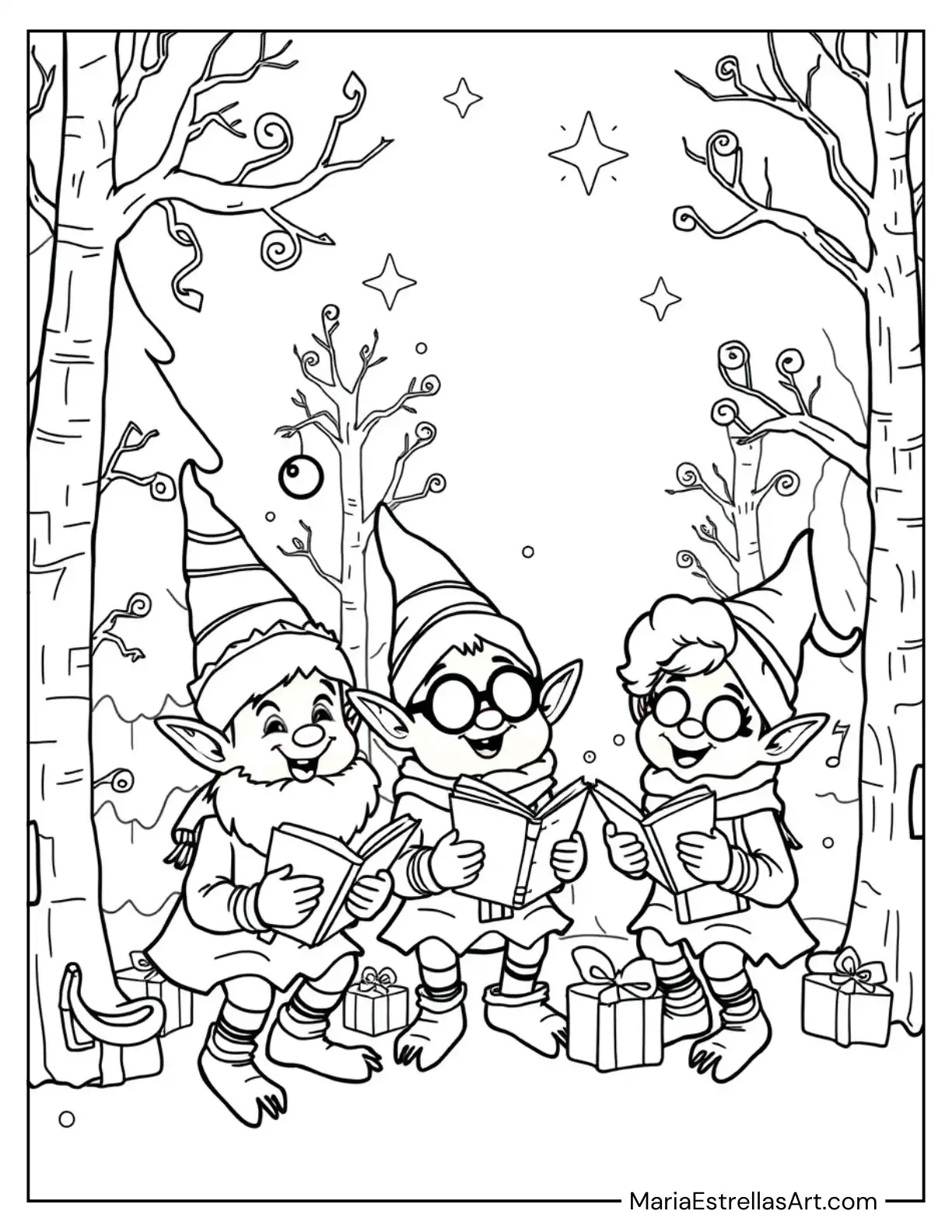 Jolly Elves Singing Christmas Carols to Color for Kids