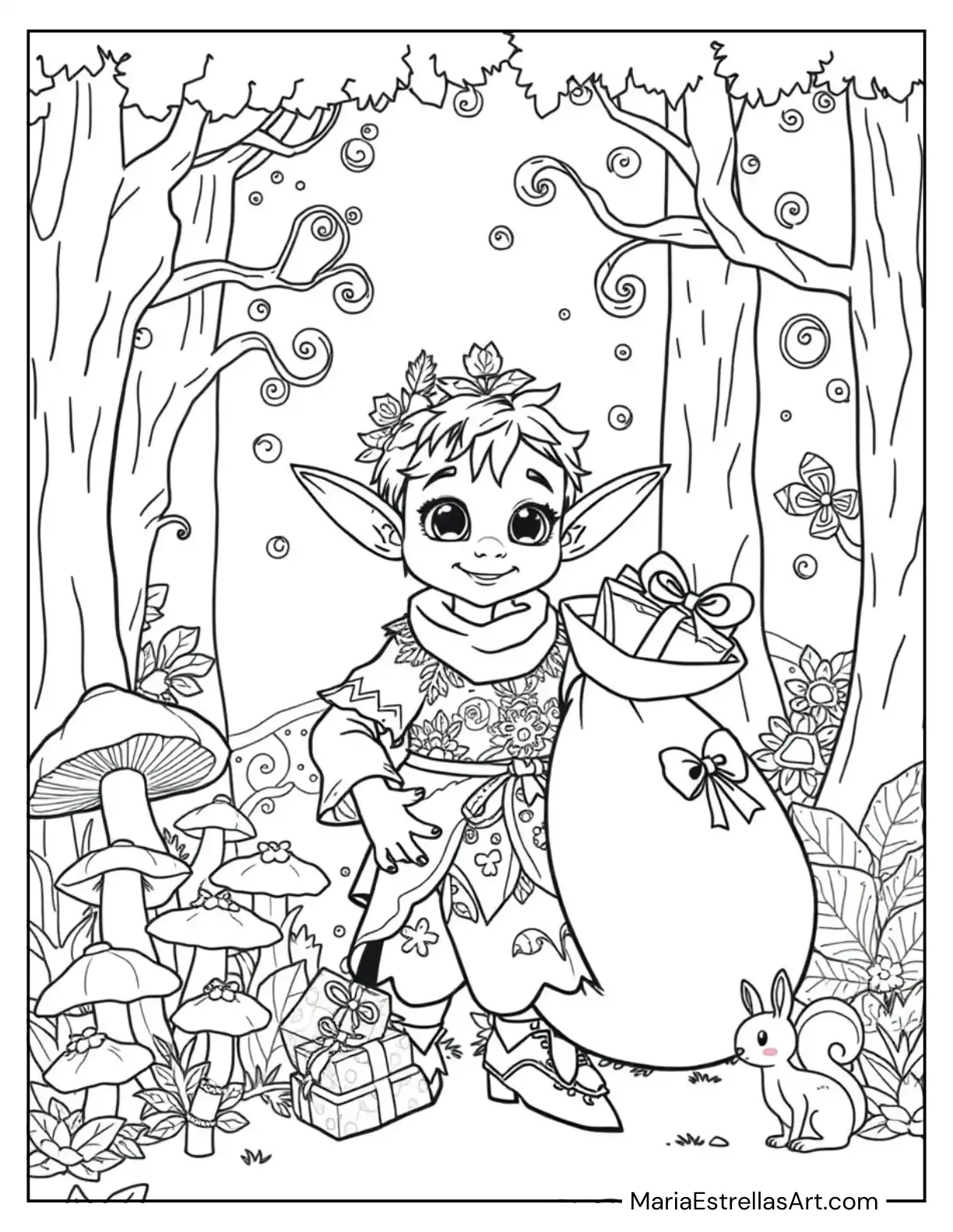 Magical Elf with a Bag of Presents Coloring Page