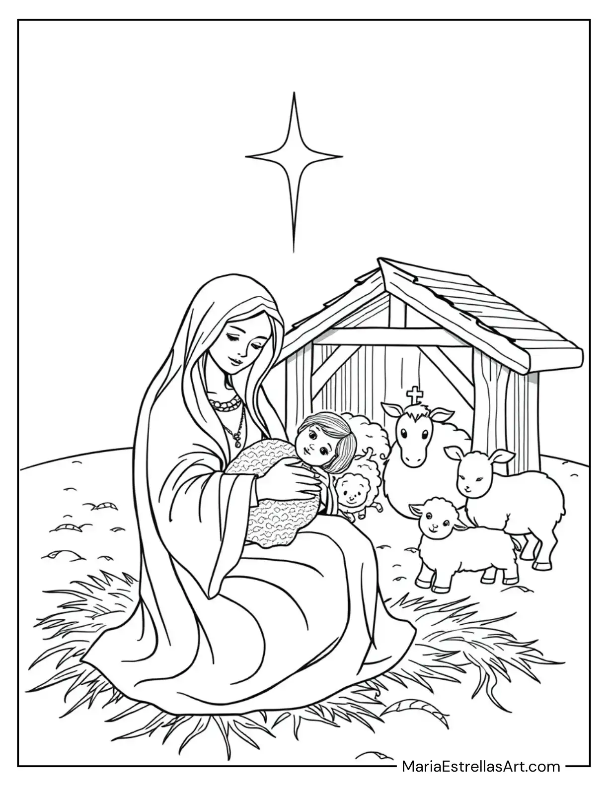 Mary Cradling Baby Jesus in a Peaceful Stable at Dawn Coloring Page