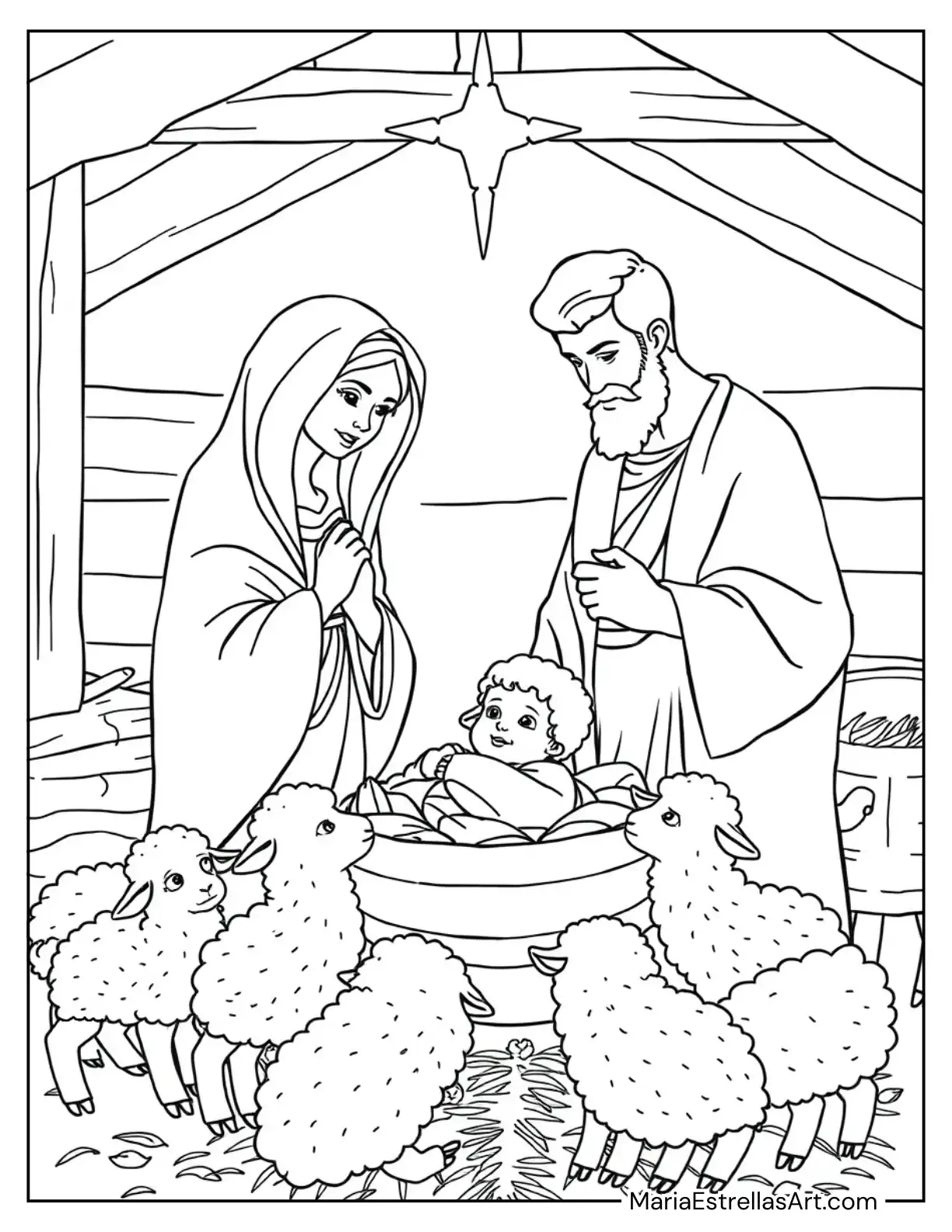 Mary, Joseph, and Jesus Surrounded by Gentle Lambs