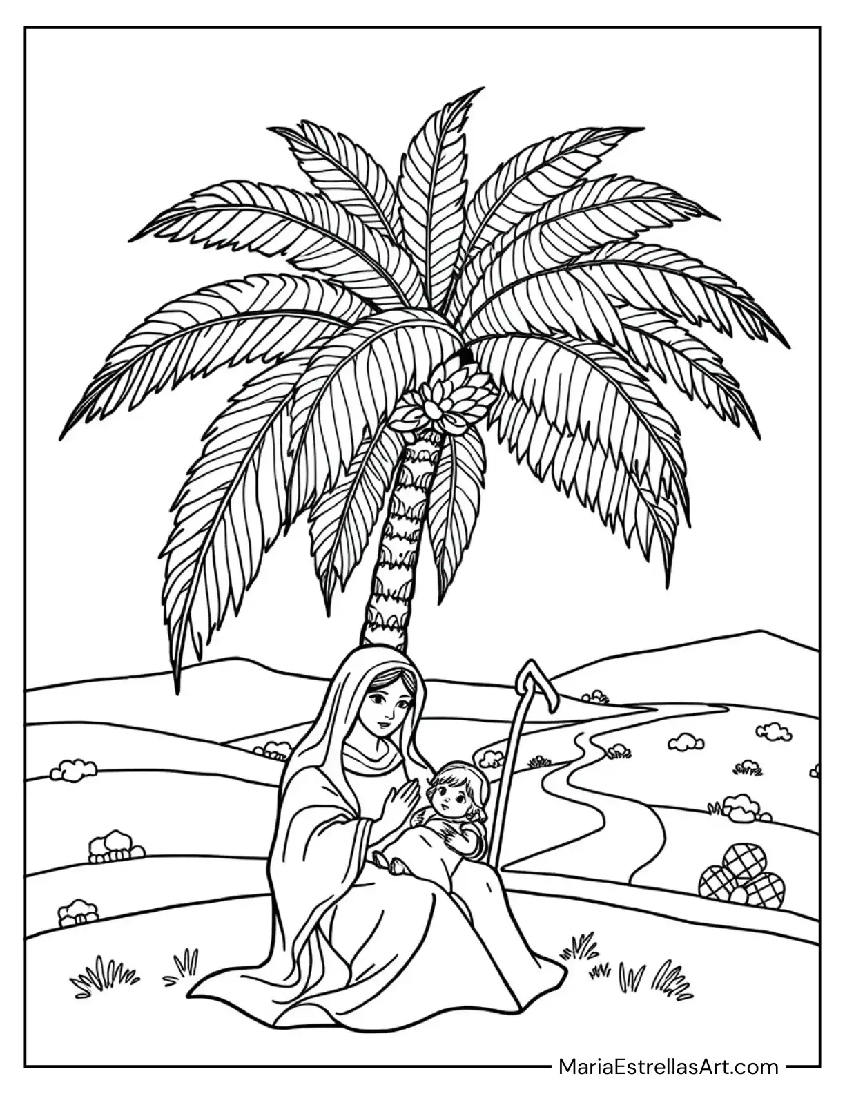 Mary and Baby Jesus Resting Under a Palm Tree to Color for Kids