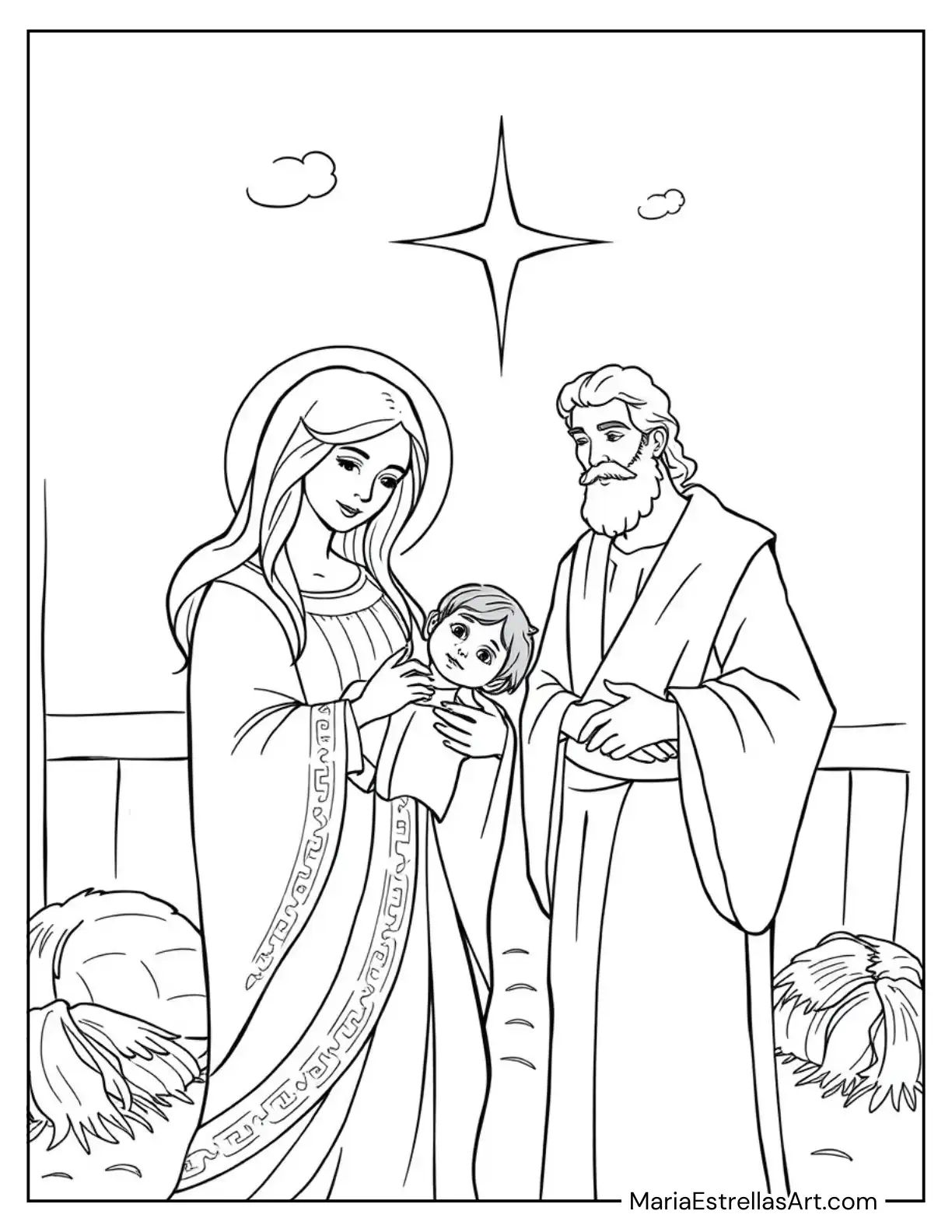 Mary and Baby Jesus With Joseph Standing Watchfully Nearby to Color for Kids