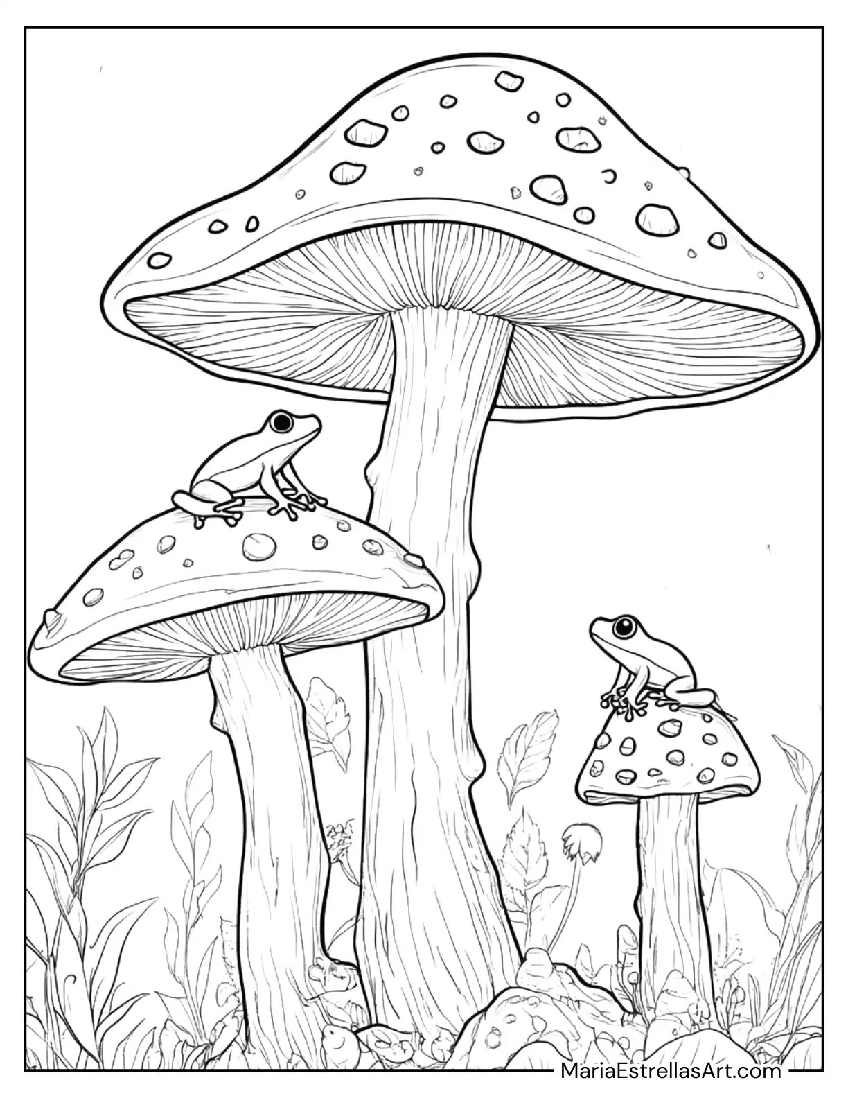 Mushroom Forest with Tiny Frogs Jumping on Caps Coloring Page