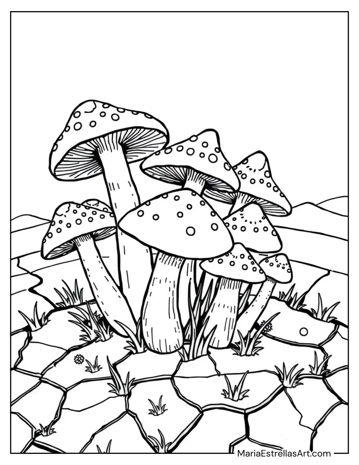 Mushrooms Emerging from a Cracked Earth Scene to Color for Kids