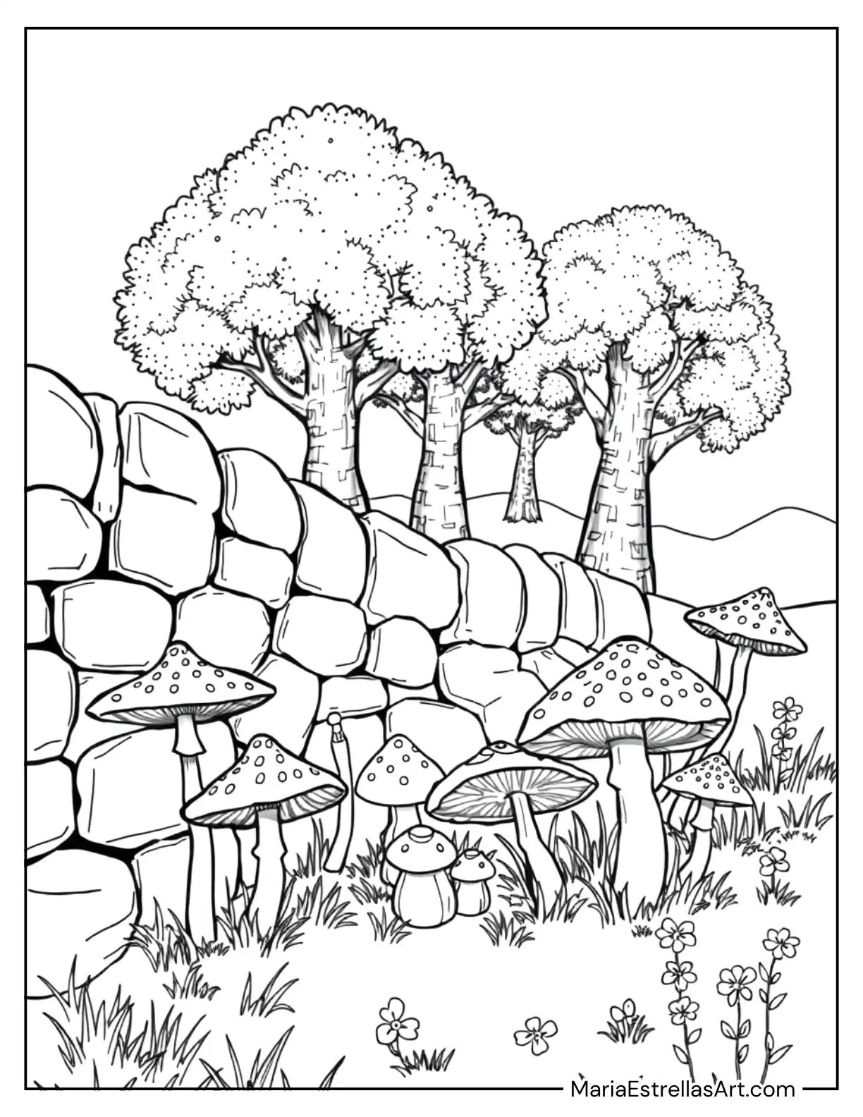 Mushrooms Growing Alongside a Crumbling Stone Wall Coloring Sheet