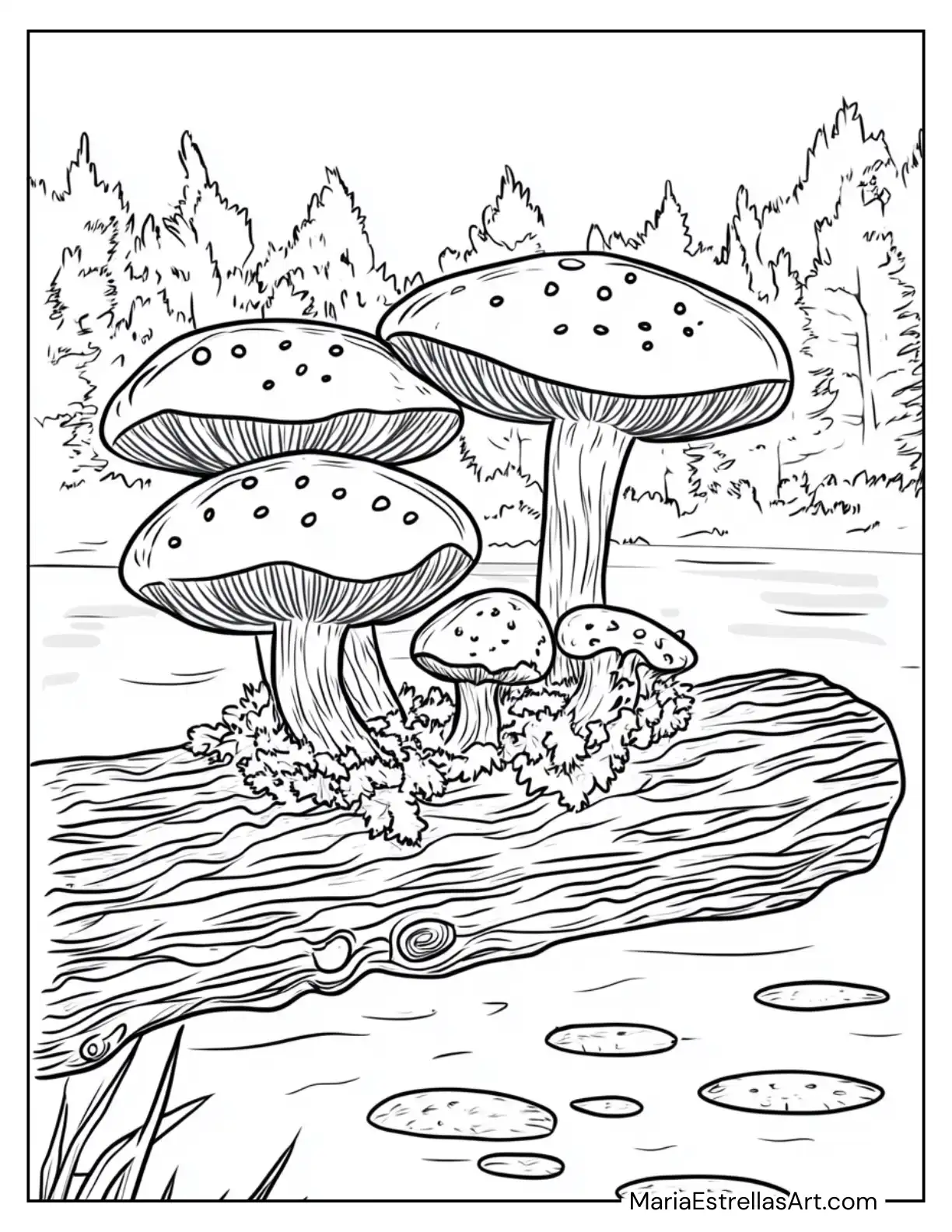 Mushrooms Growing on a Floating Log in a Magical Lake Coloring Page