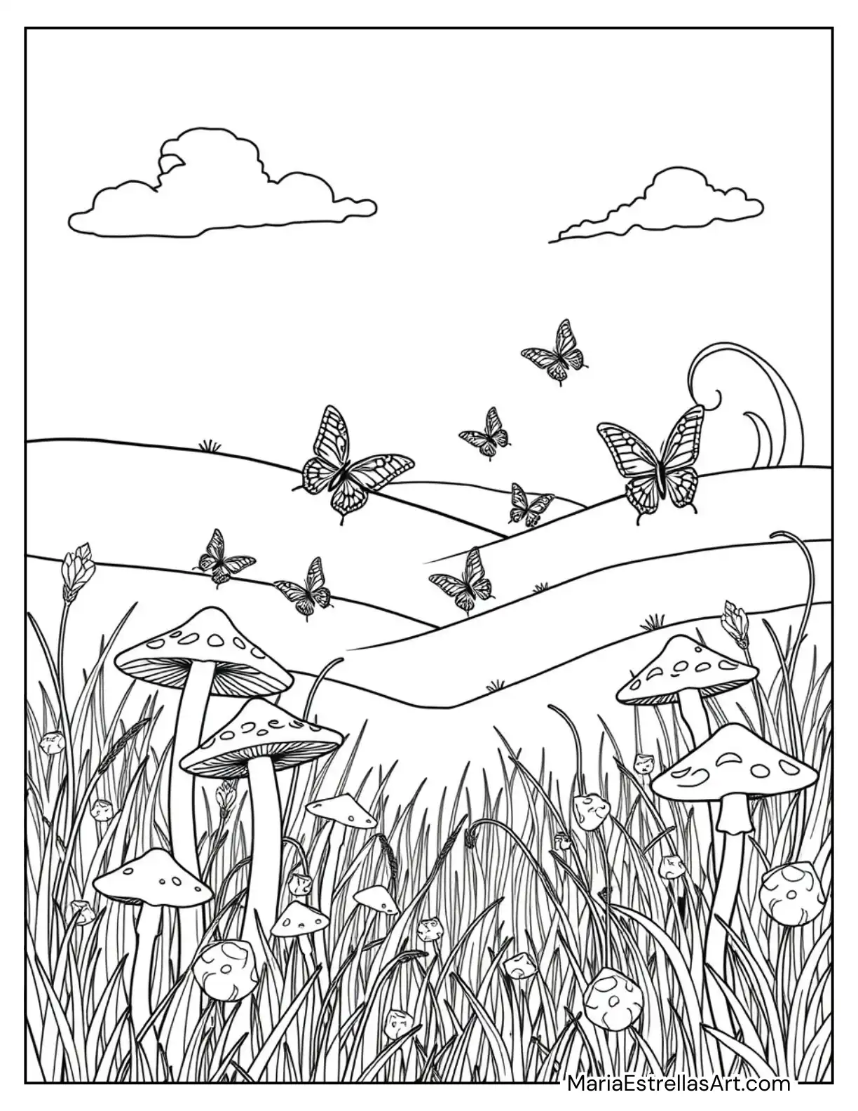 Mushrooms and Butterflies in a Peaceful Meadow to Color for Kids