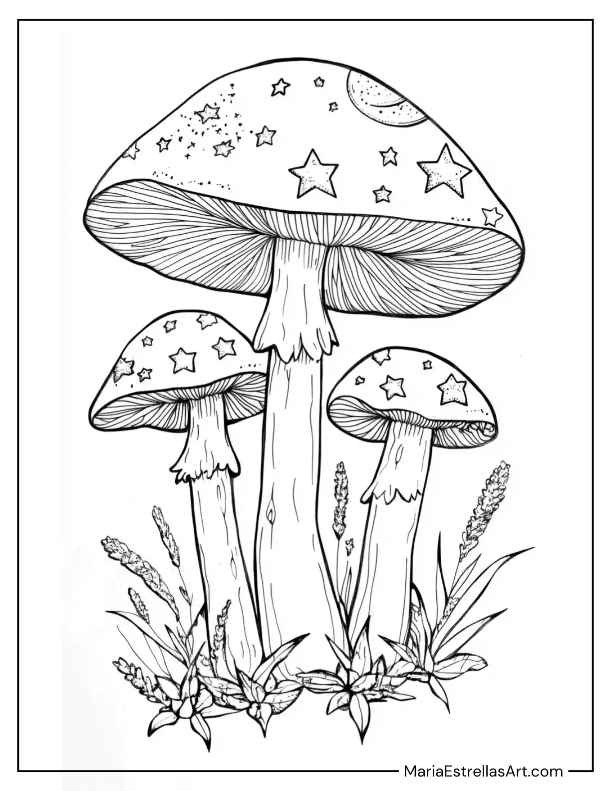 Mushrooms with Stars and Moons on Their Caps Coloring Sheet