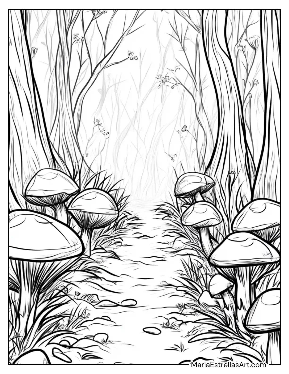 Mystical Mushroom Pathway Through a Foggy Forest Coloring Page