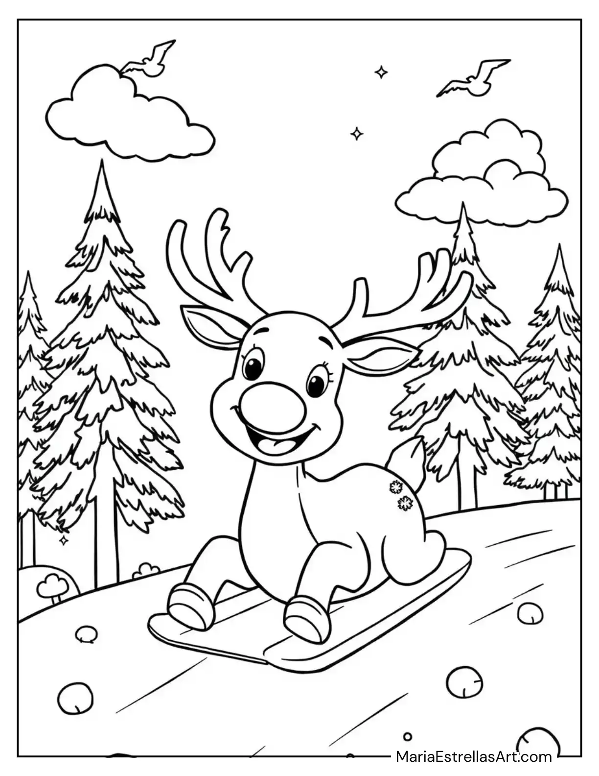 Playful Rudolph Sliding Down a Snowy Hill Coloring Page