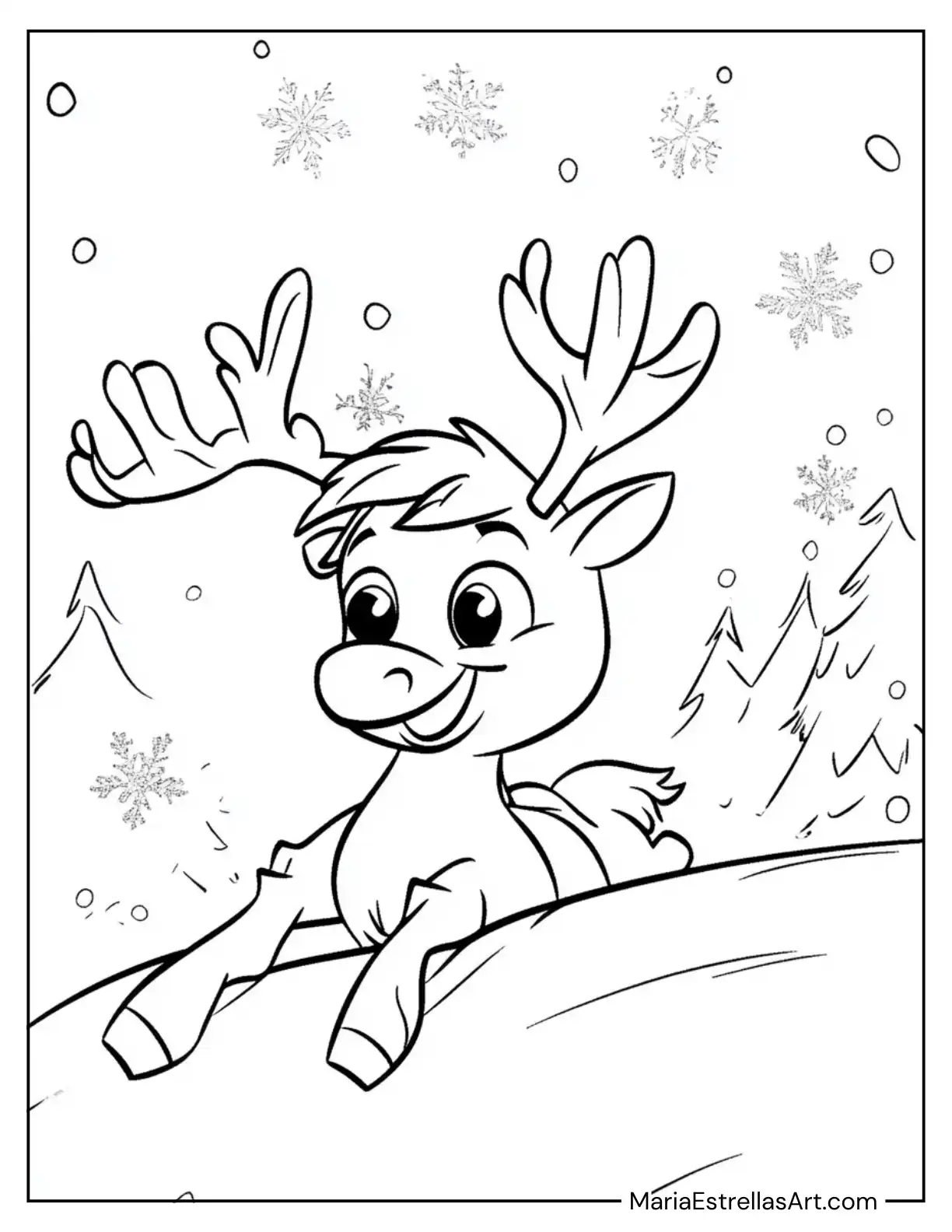 Playful Rudolph Sliding Down a Snowy Hill Coloring Sheet