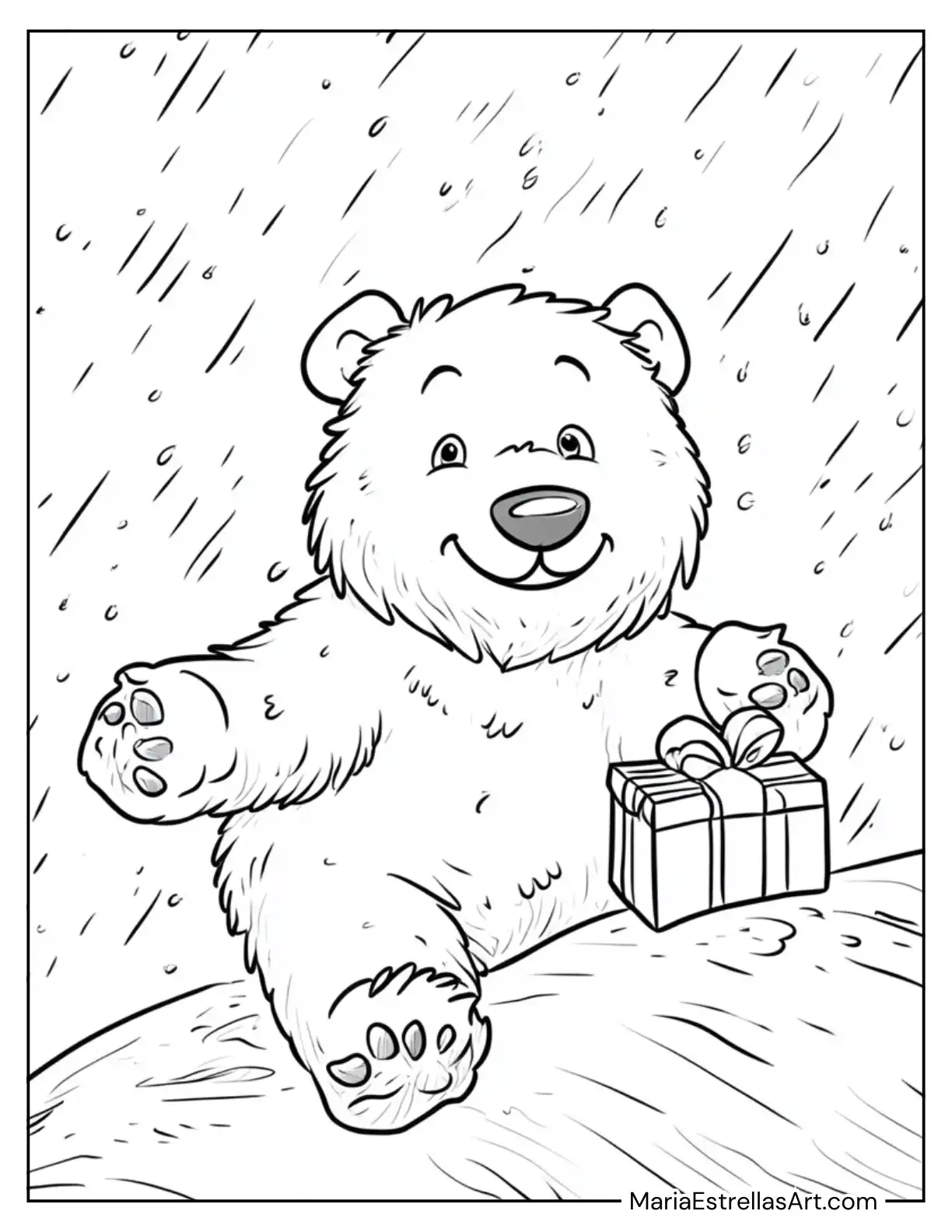 Polar Bear Sliding Down an Ice Hill With a Present on Its Paws Coloring Page