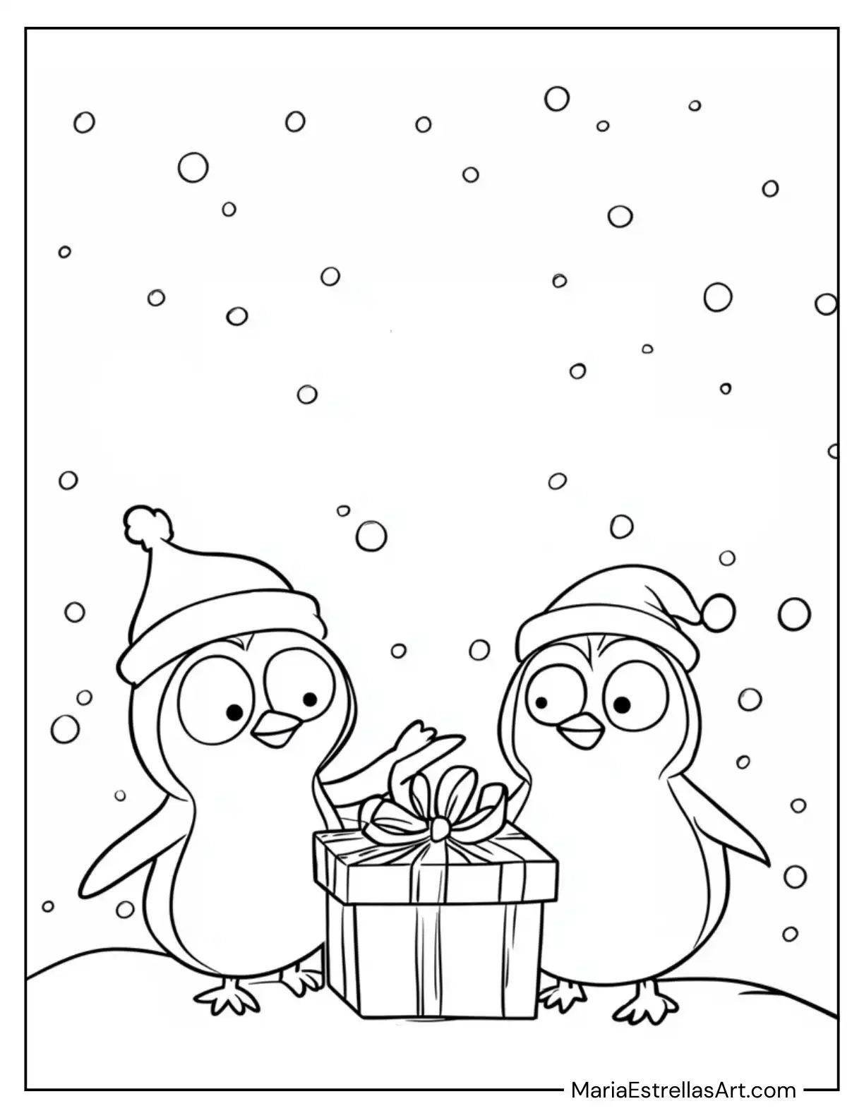 Present Being Unwrapped by Frosty Penguins Coloring Page