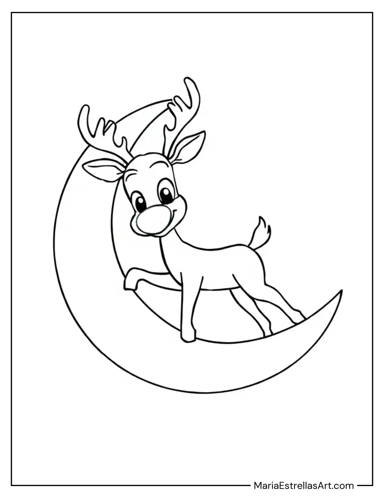 Rudolph Balancing on a Crescent Moon Coloring Page