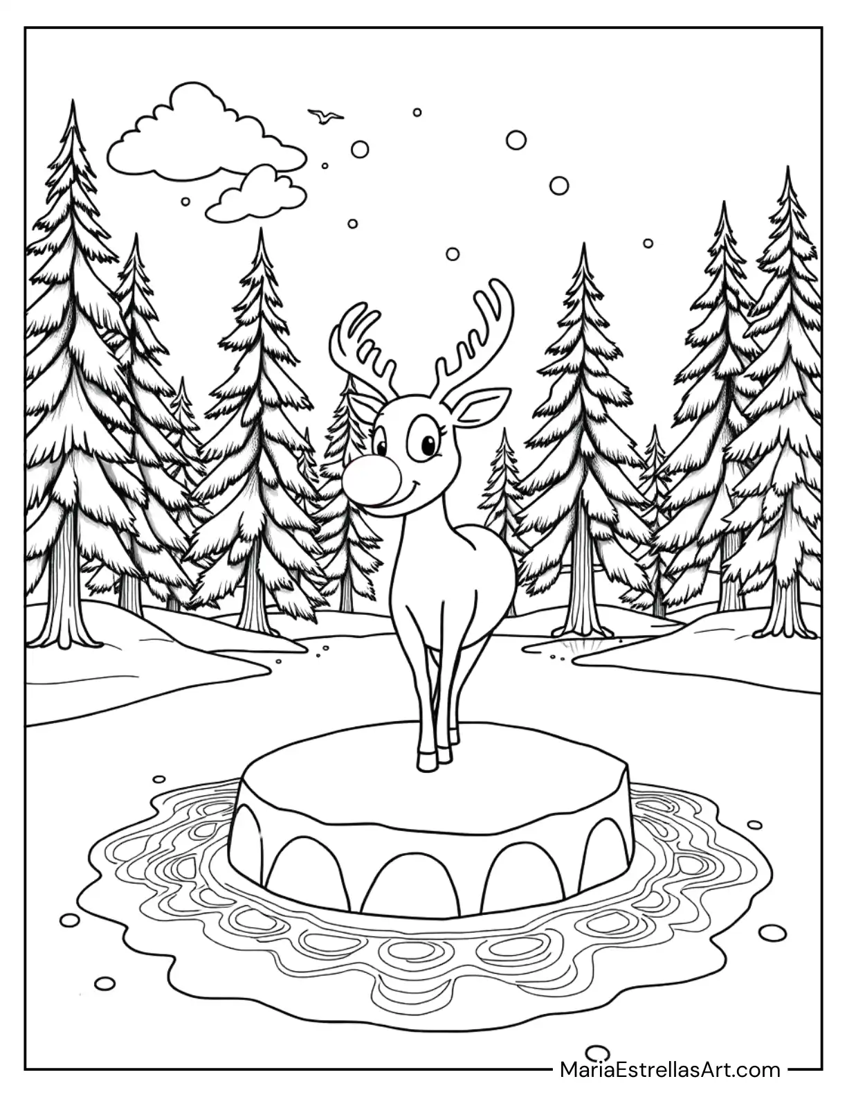 Rudolph Balancing on a Floating Ice Disk Over a Frozen Lake Coloring Page