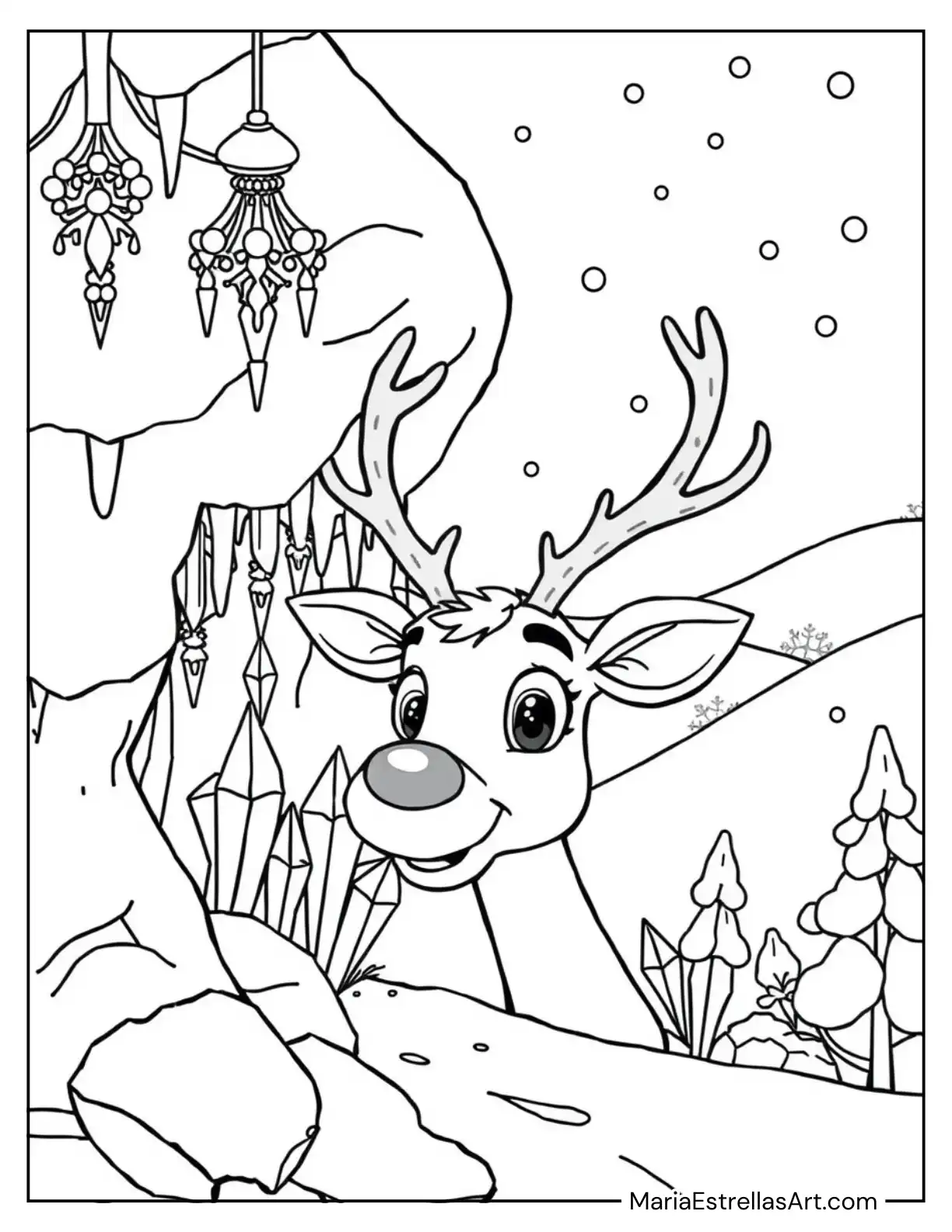 Rudolph Discovering a Hidden Frosted Crystal Cave Coloring Page