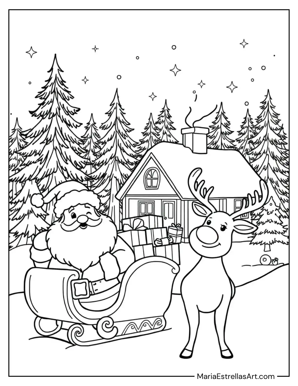 Rudolph Helping Santa Deliver Presents Coloring Page