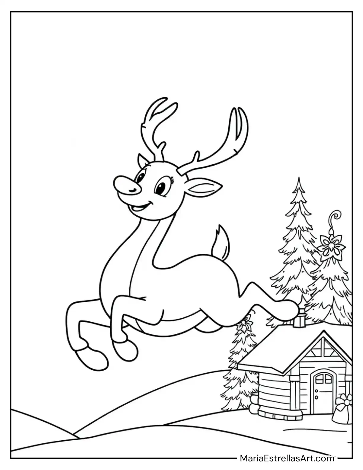 Rudolph Jumping Through the Snow to Color for Kids