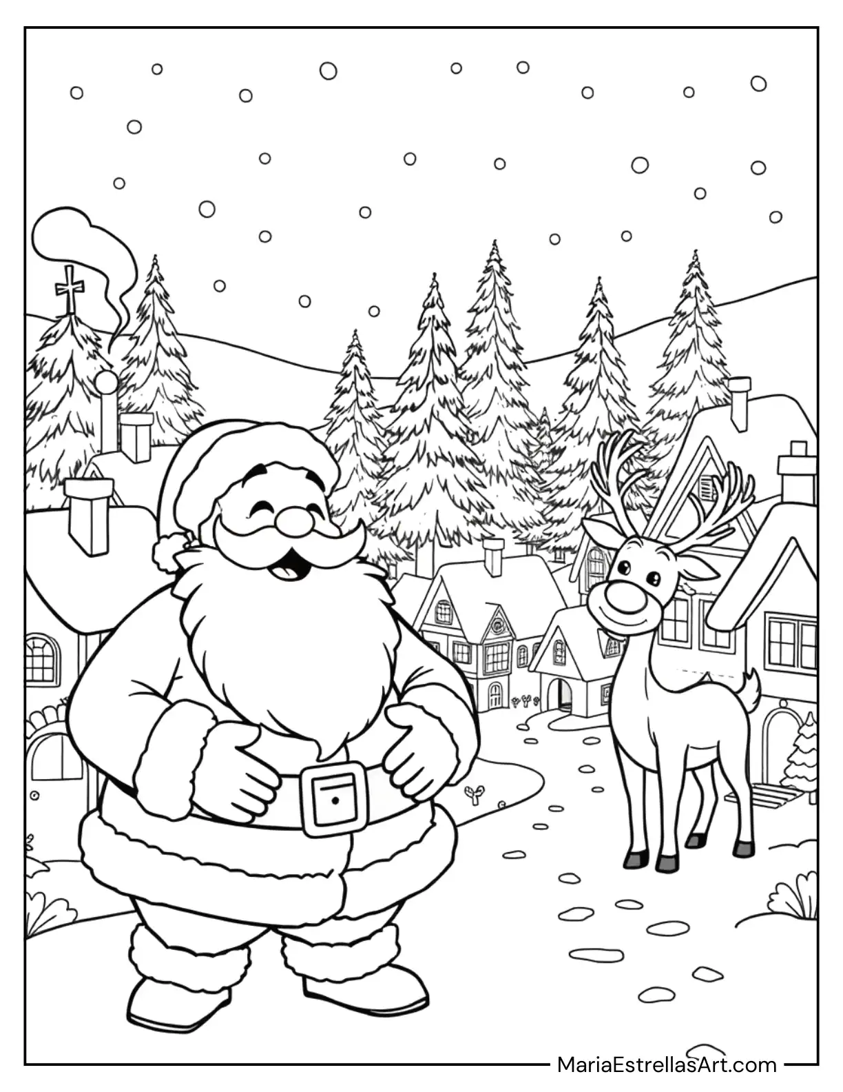 Rudolph Laughing with Santa in a Snow-Covered Village Coloring Sheet