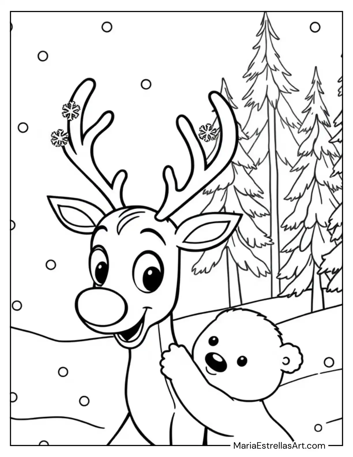 Rudolph Playing with a Polar Bear Cub in the Snow Coloring Sheet