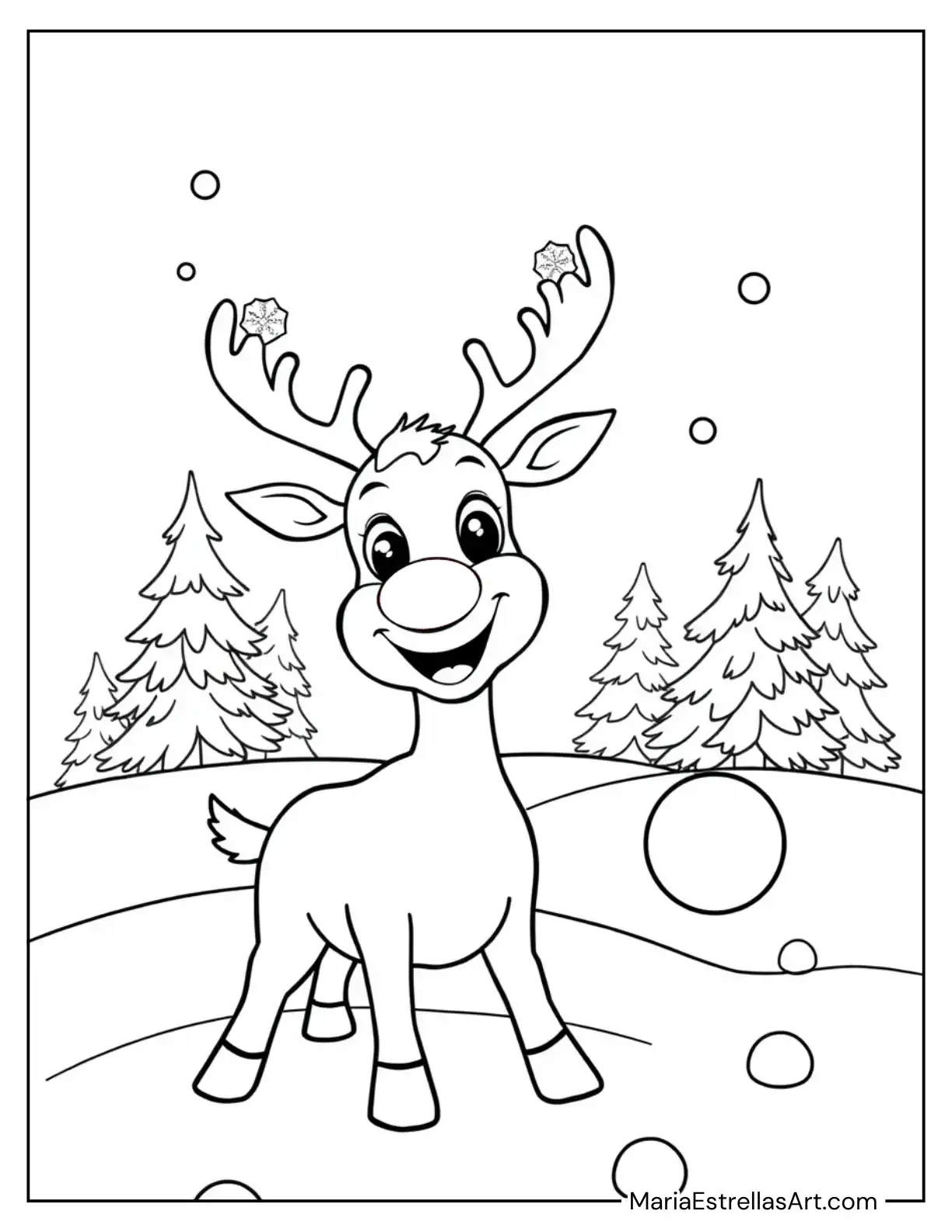 Rudolph Playing with a Snowball to Color for Kids