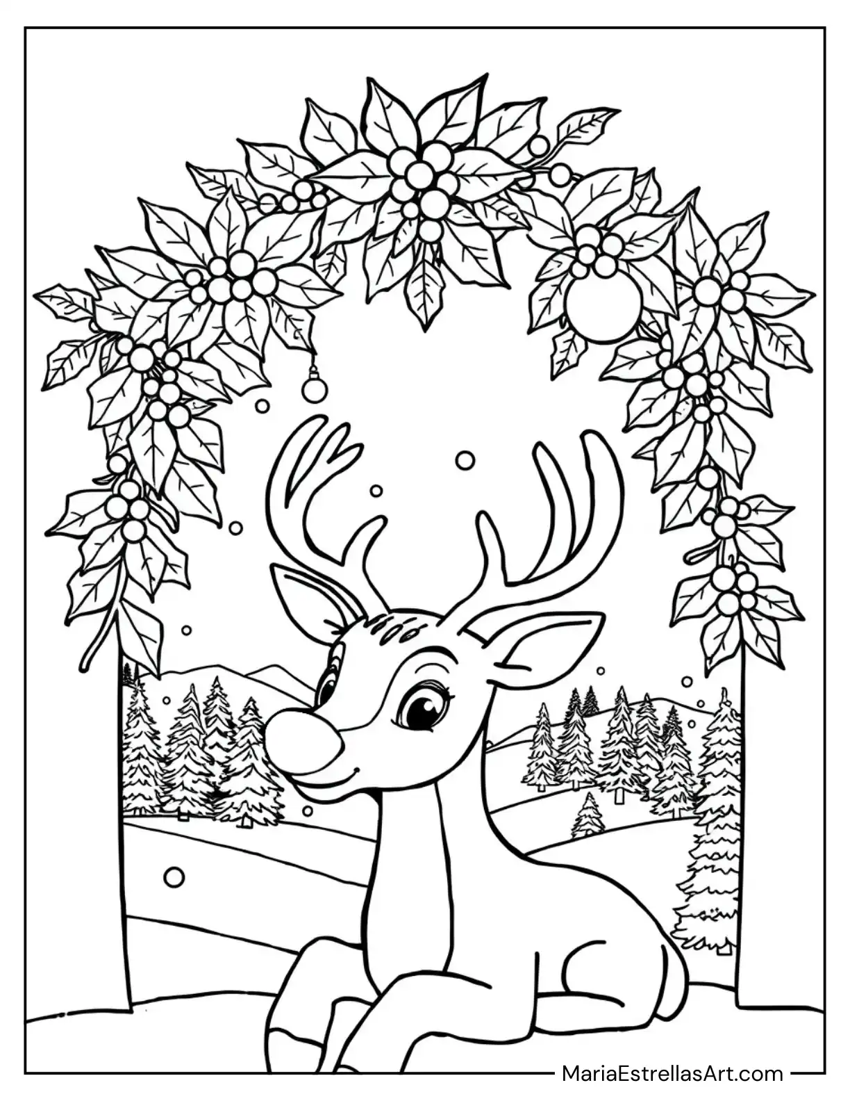 Rudolph Resting Under a Holly Archway in the Snow Coloring Page