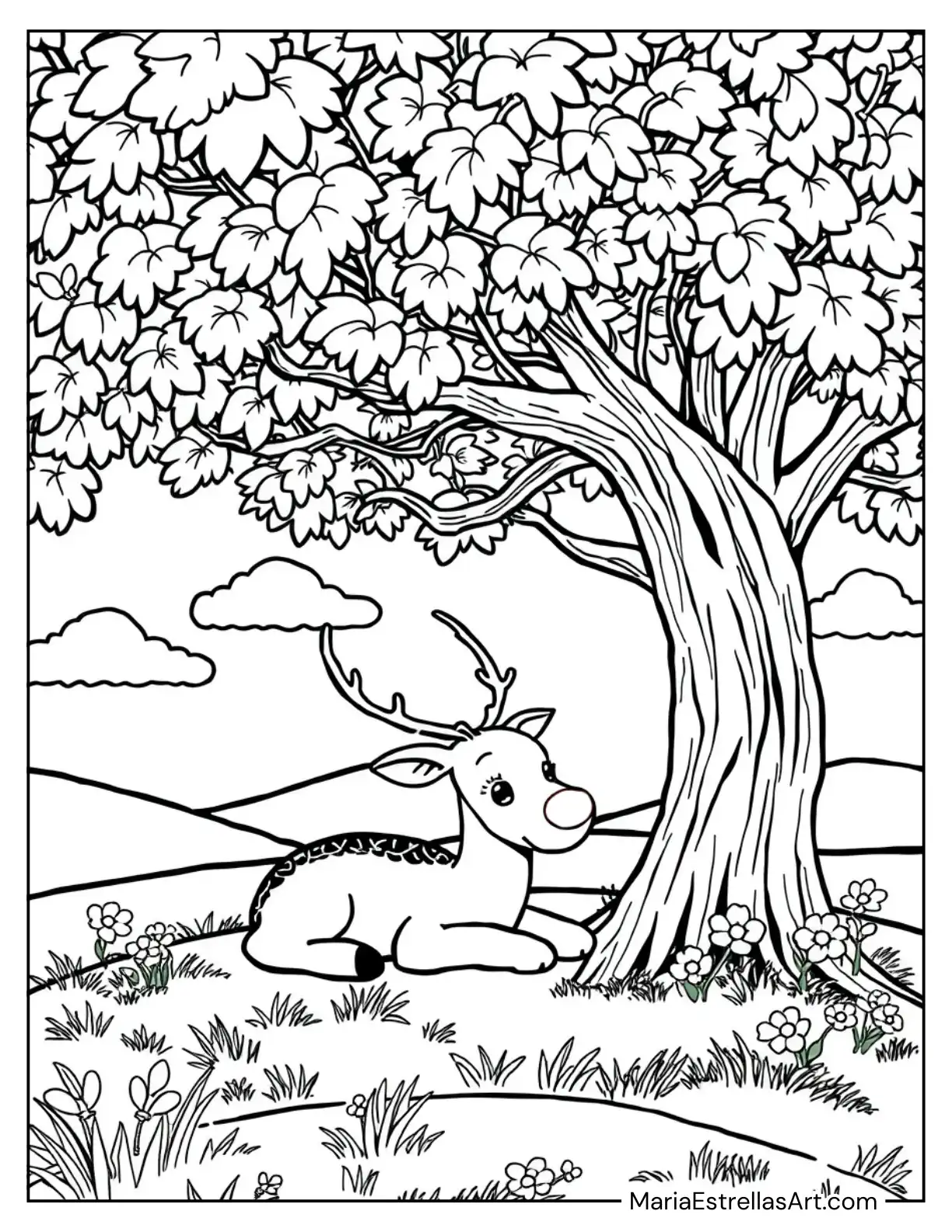 Rudolph Resting Under a Tree to Color for Kids