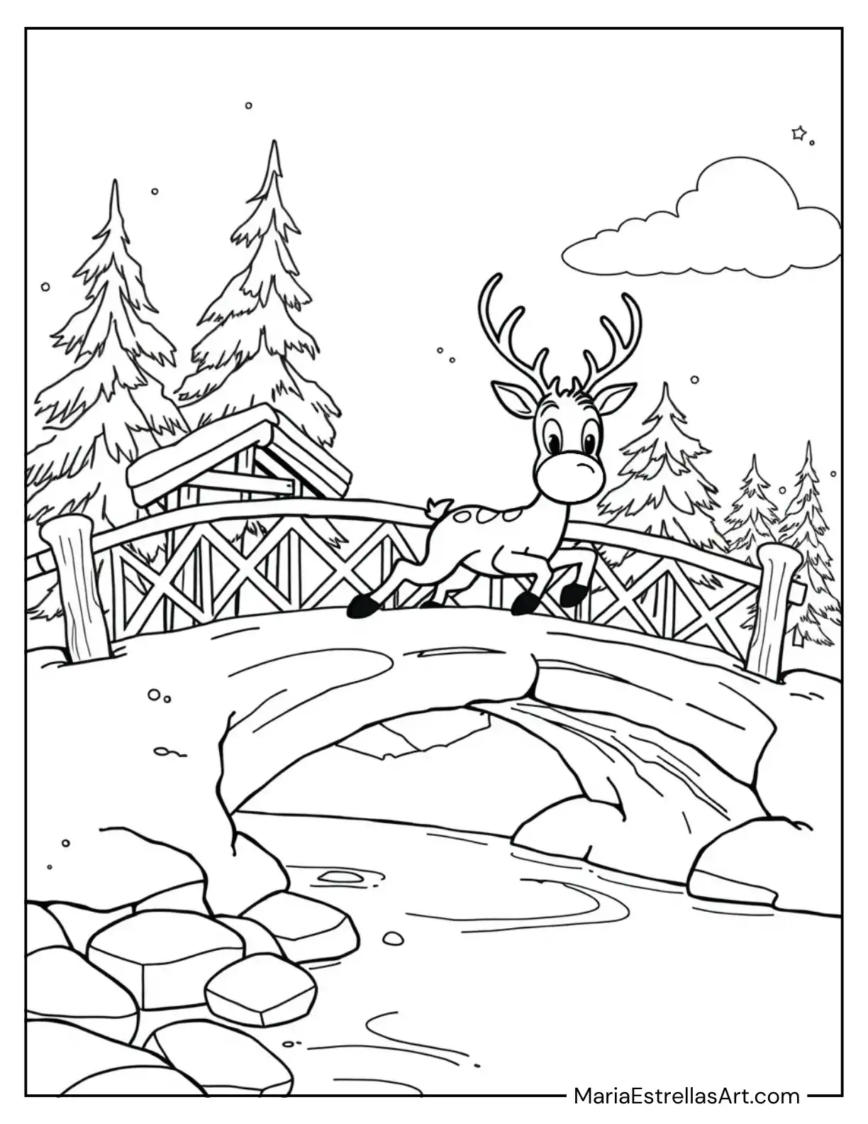 Rudolph Running Across a Frozen Bridge to Color for Kids