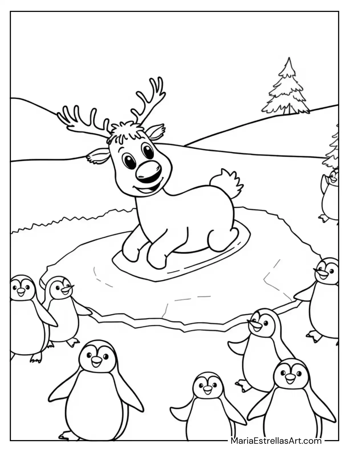 Rudolph Sliding on an Ice Pond with Frosty Penguins Coloring Page