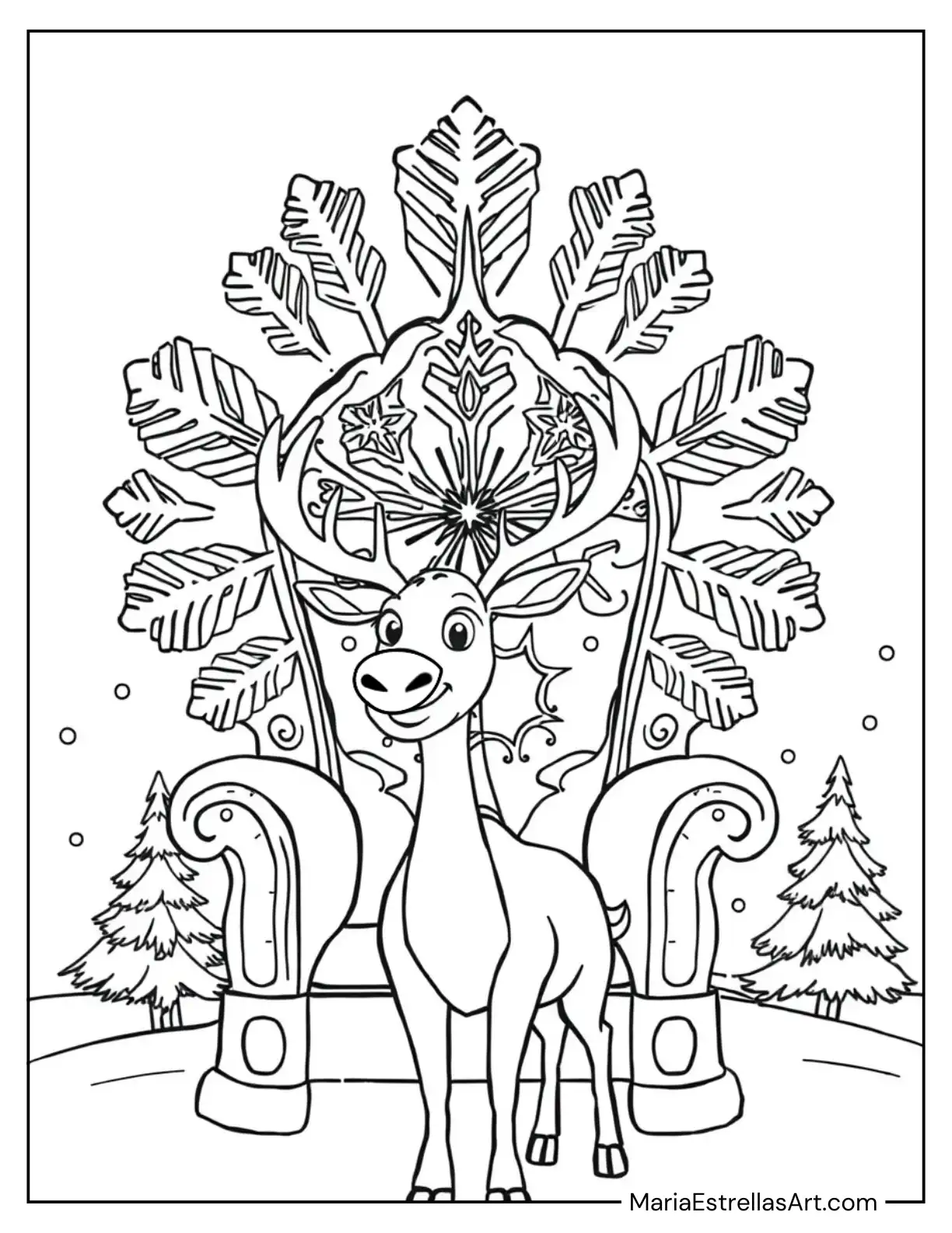 Rudolph Standing Beside a Giant Snowflake Throne Coloring Sheet