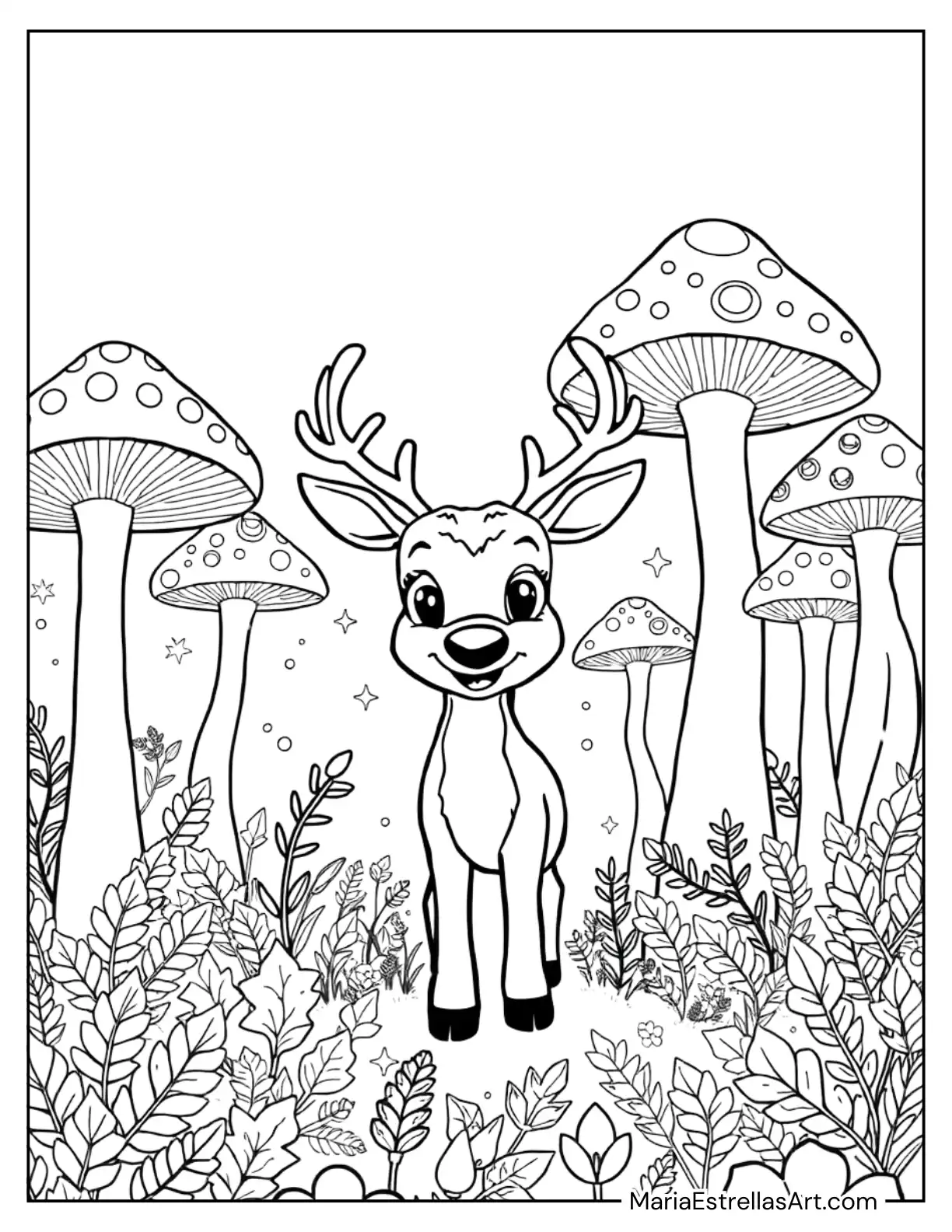 Rudolph Standing in a Forest of Glowing Mushroom Trees Coloring Sheet