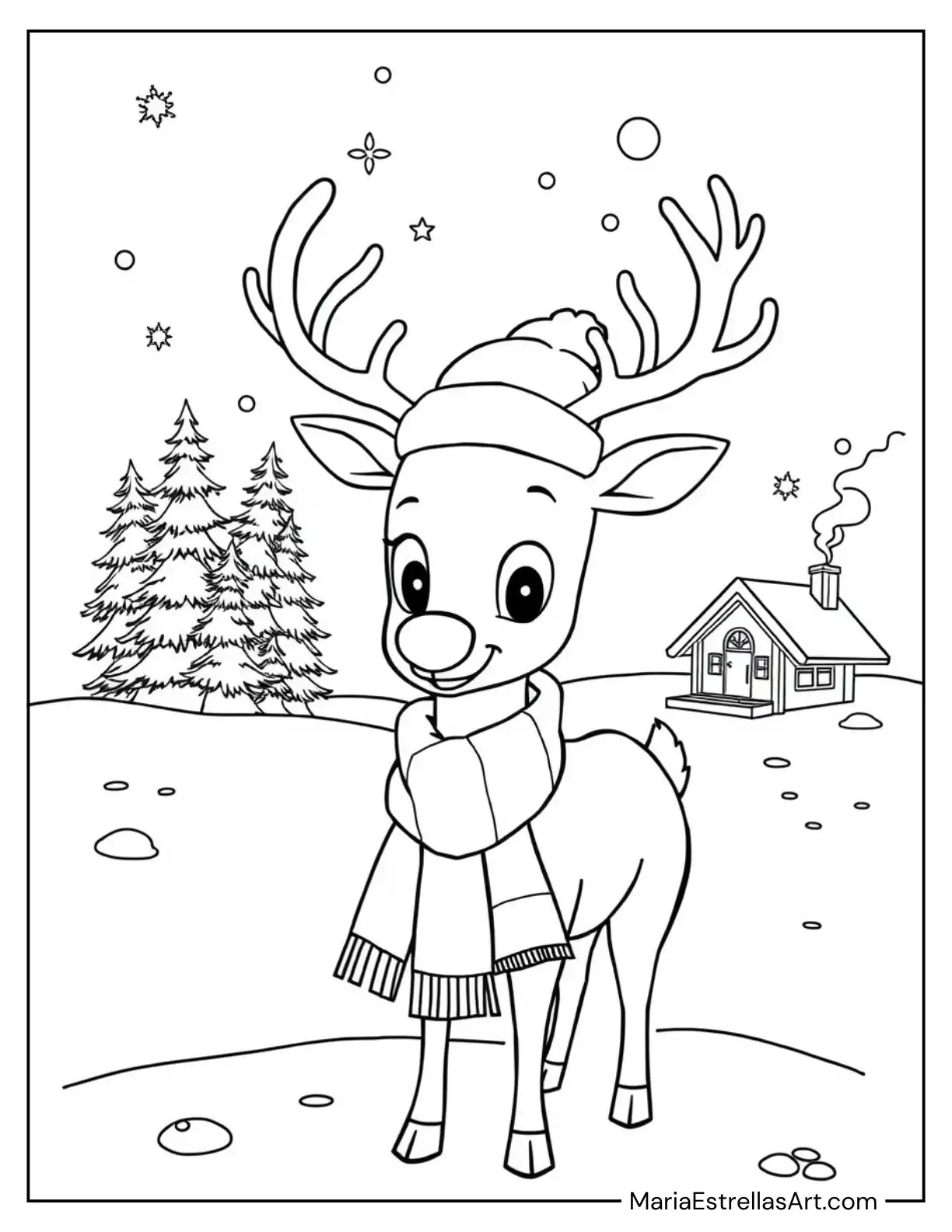 Rudolph Wearing a Festive Scarf and Hat in the Snow Coloring Sheet