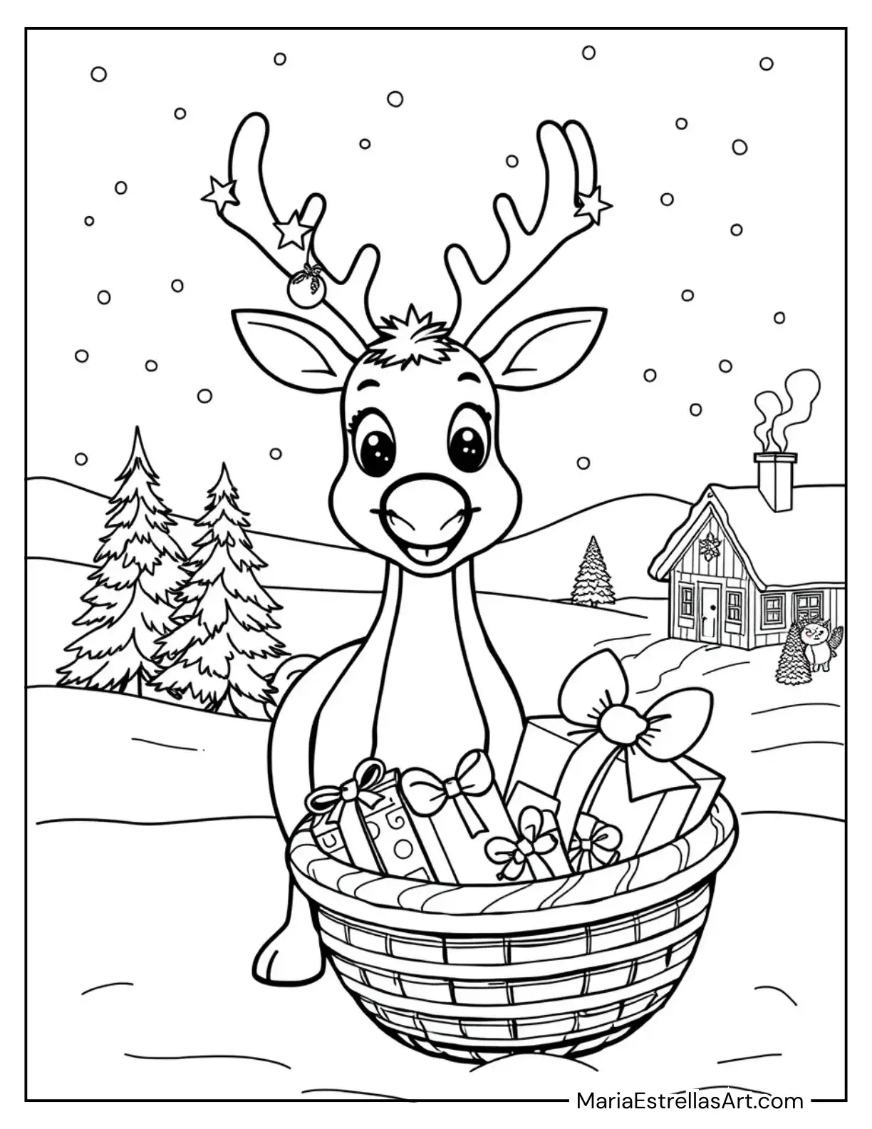 Rudolph with a Basket of Gifts to Color for Kids