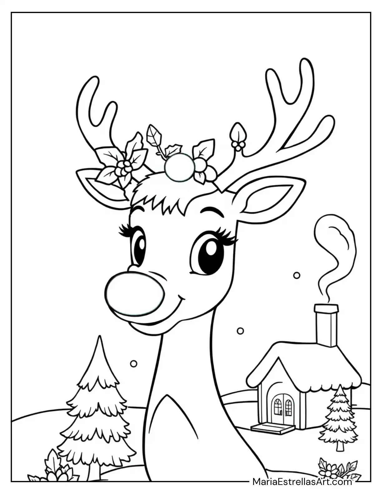 Rudolph with a Crown of Holly and Berries on His Head Coloring Page