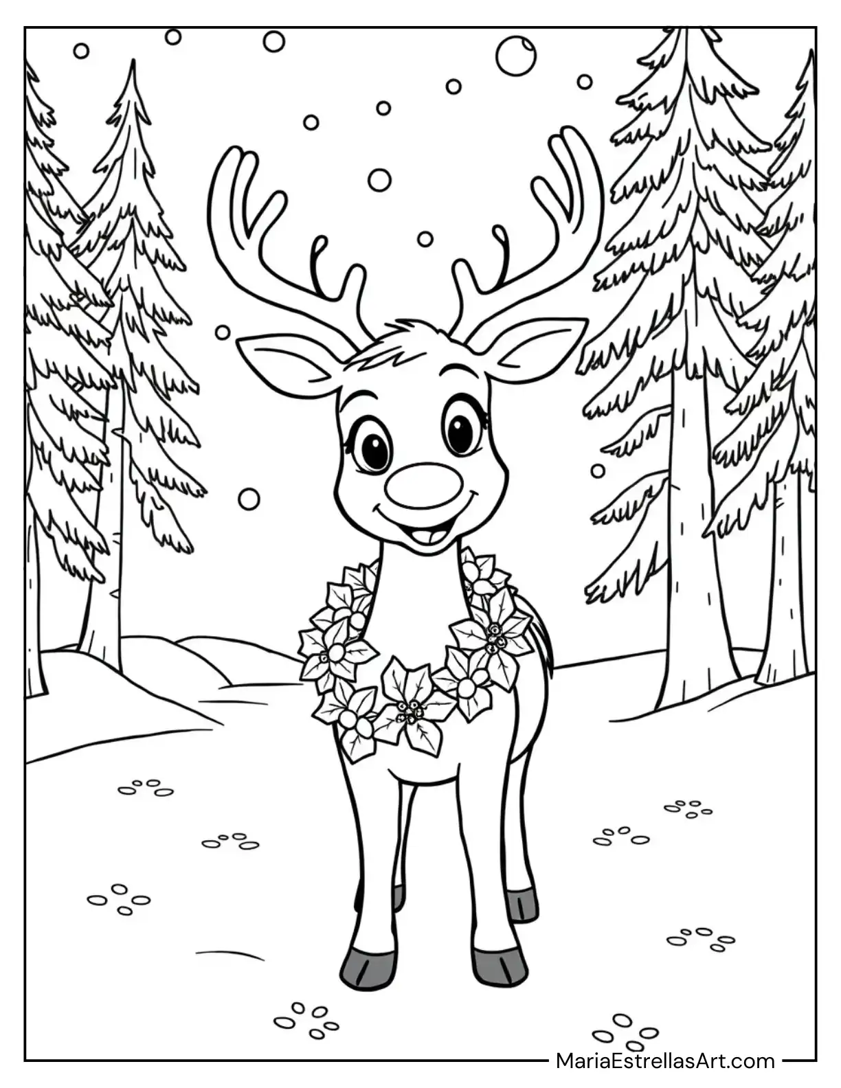 Rudolph with a Garland of Holly Around His Neck to Color for Kids