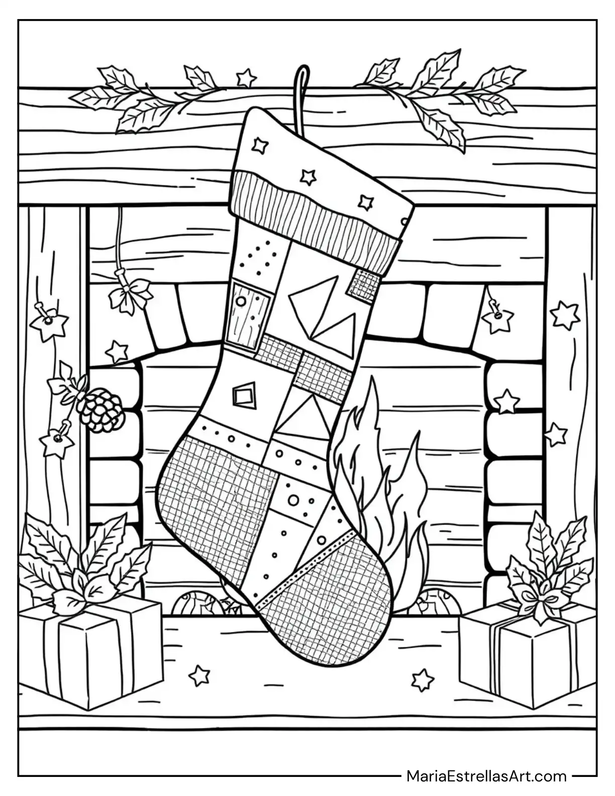 Rustic-Themed Stocking With Patchwork Fabric and Burlap Accents