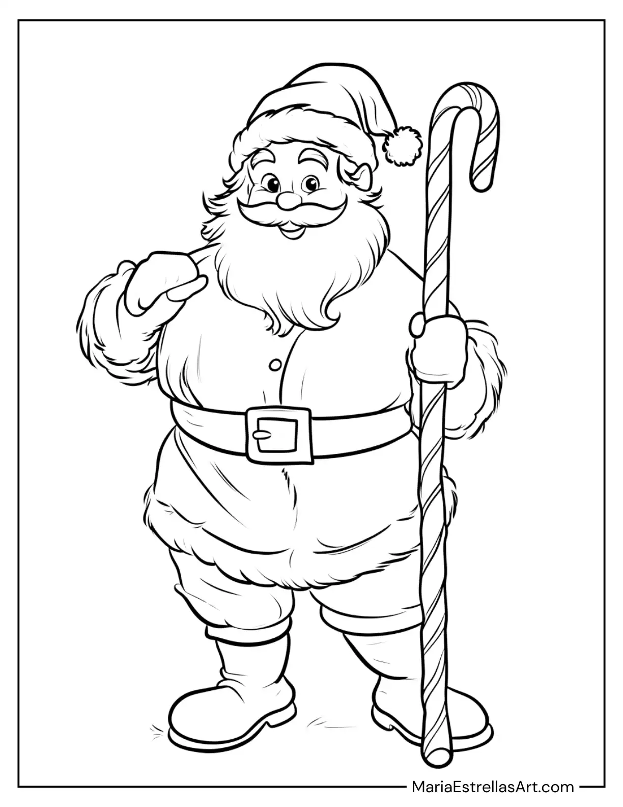 Santa Claus Holding a Candy Cane Staff Coloring Sheet