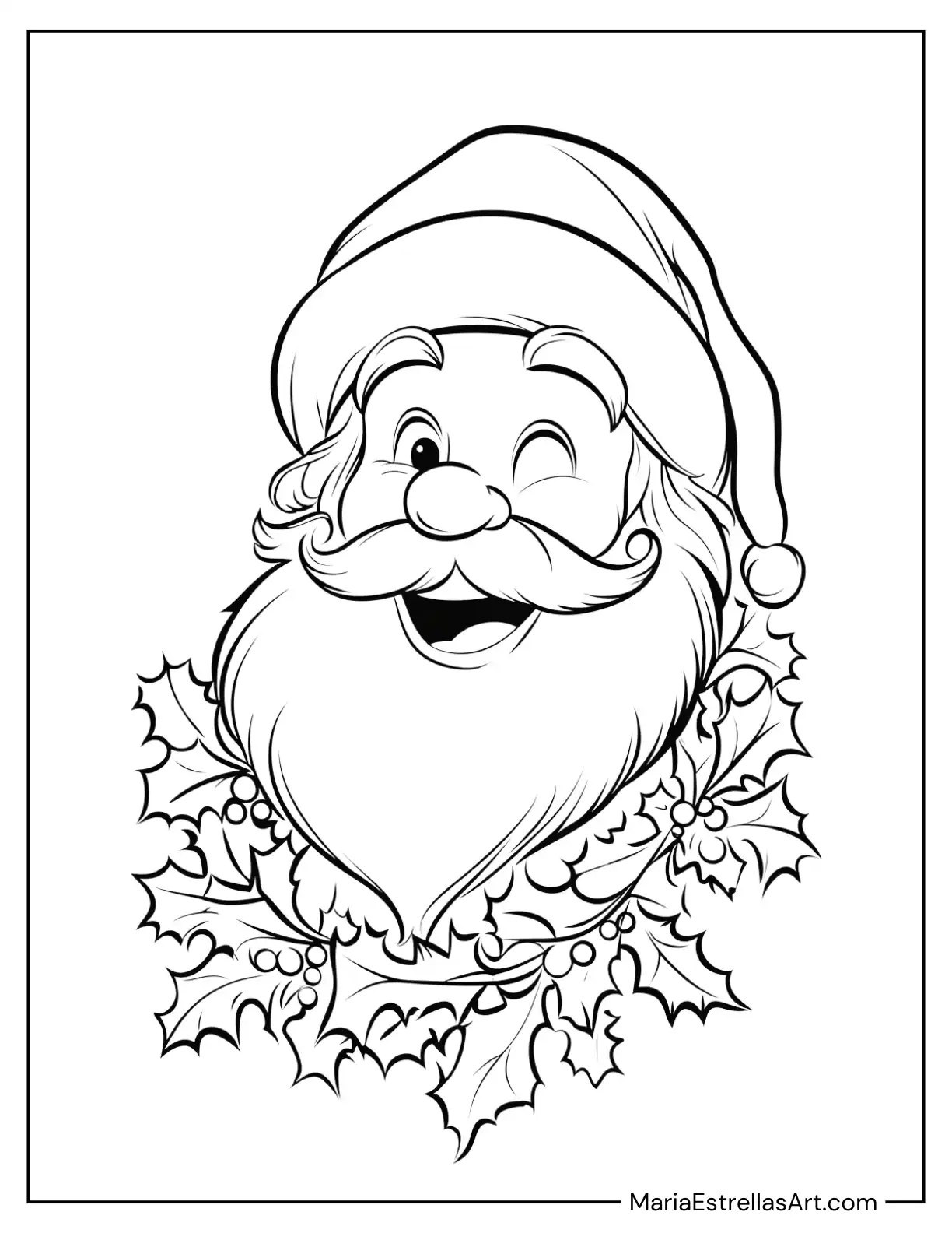 Santa Claus Laughing With a Garland of Holly Around His Shoulders Coloring Page