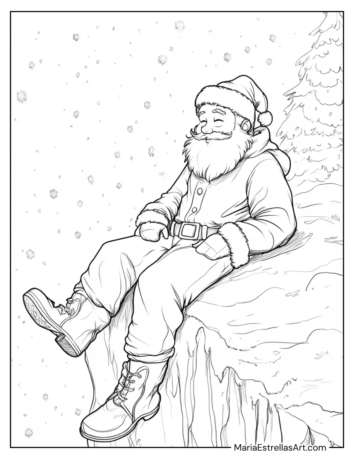 Santa Claus Relaxing on a Snowy Cliff Coloring Page