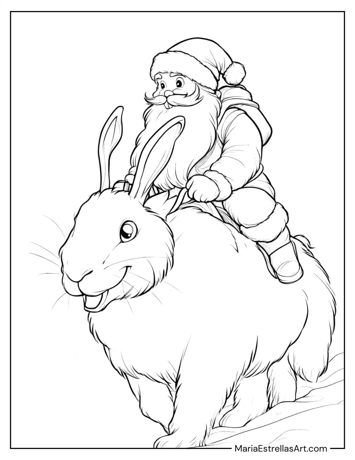 Santa Claus Riding a Giant Snow Hare Coloring Sheet