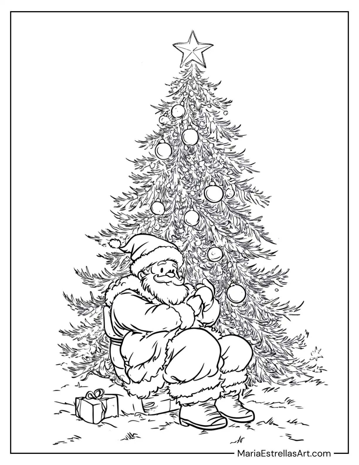 Santa Claus Sitting Under a Christmas Tree Coloring Page