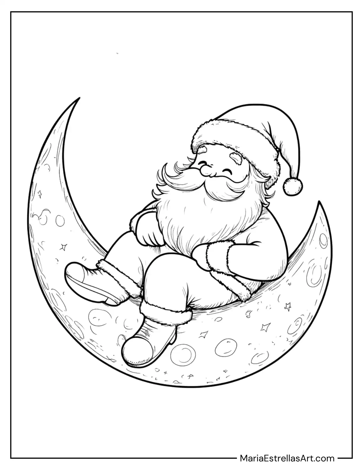 Santa Claus Sitting on a Crescent Moon Coloring Page