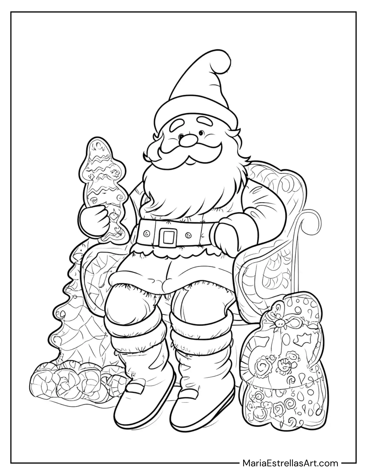 Santa Claus Sitting on a Gingerbread Cookie Chair Coloring Sheet