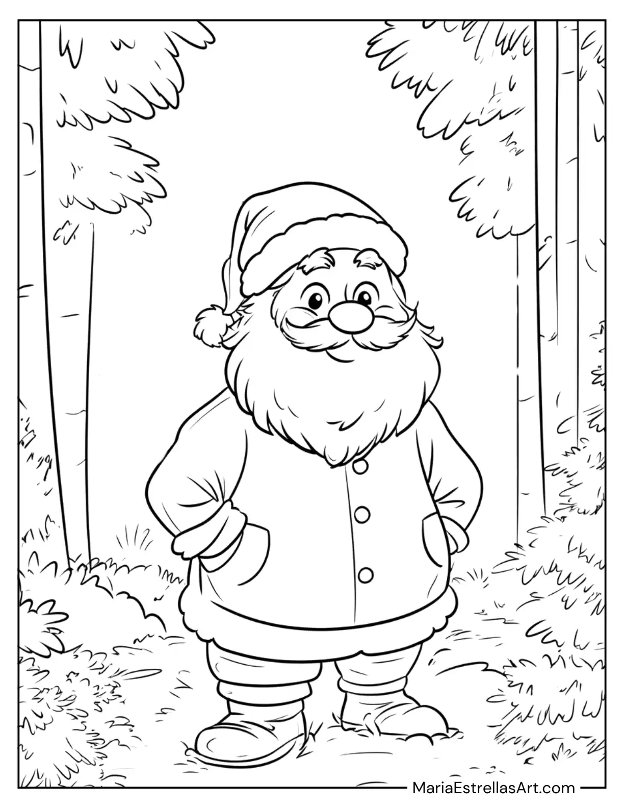 Santa Claus Standing in a Forest to Color for Kids