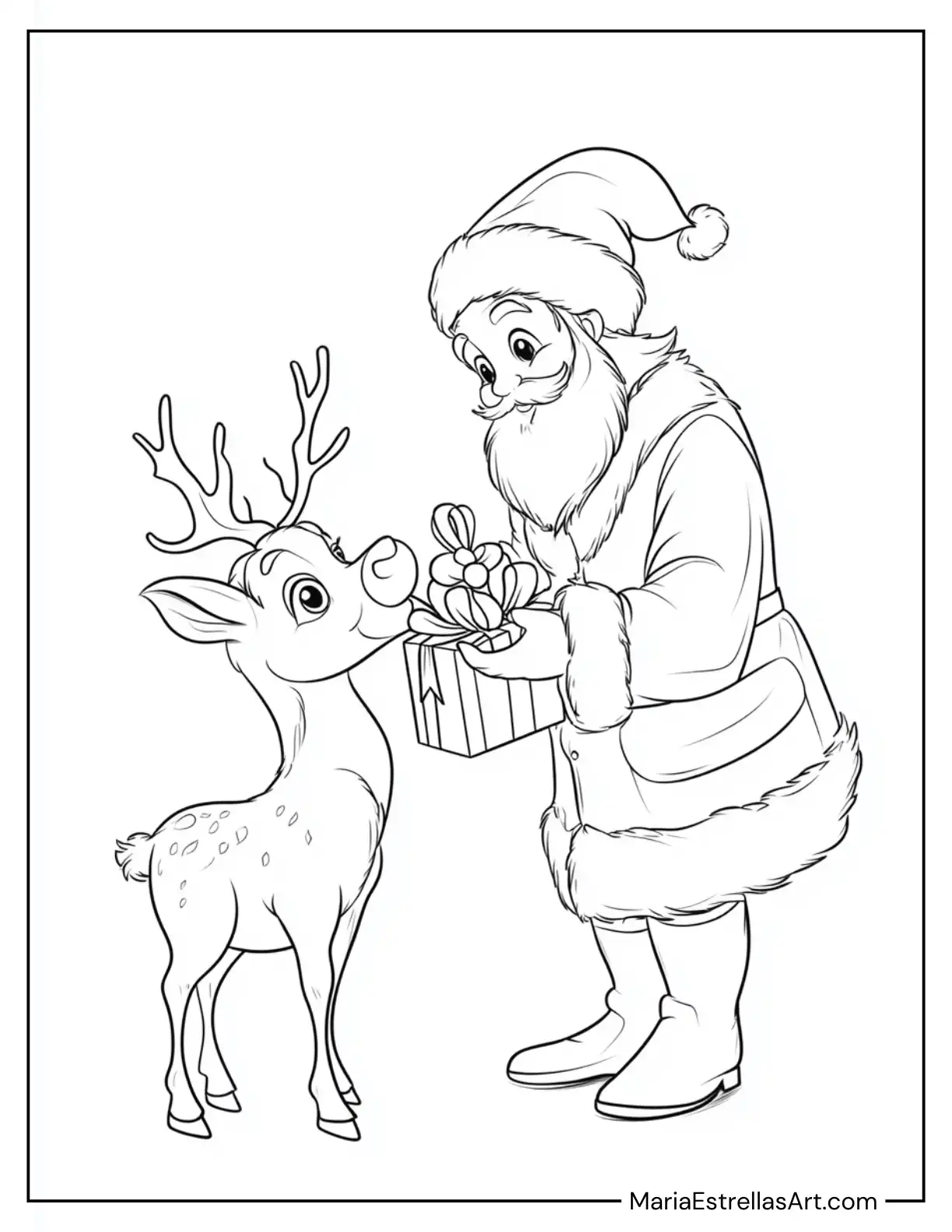 Santa Giving a Present to a Baby Reindeer Coloring Page